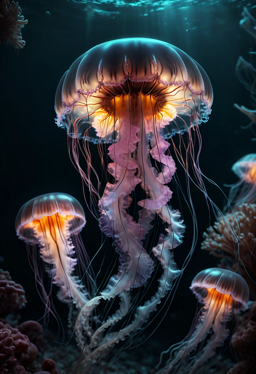 Jellyfish, Capture the ethereal dance of light and shadow in a stunning monochromatic photograph with selective color details, revealing the hidden poetry of Bioluminescence, undersea, (realistic, photorealistic, RAWphoto:1.2), octane render, (best quality, masterpiece, Representative work, official art, Professional, Ultra intricate detailed, 8k:1.3)