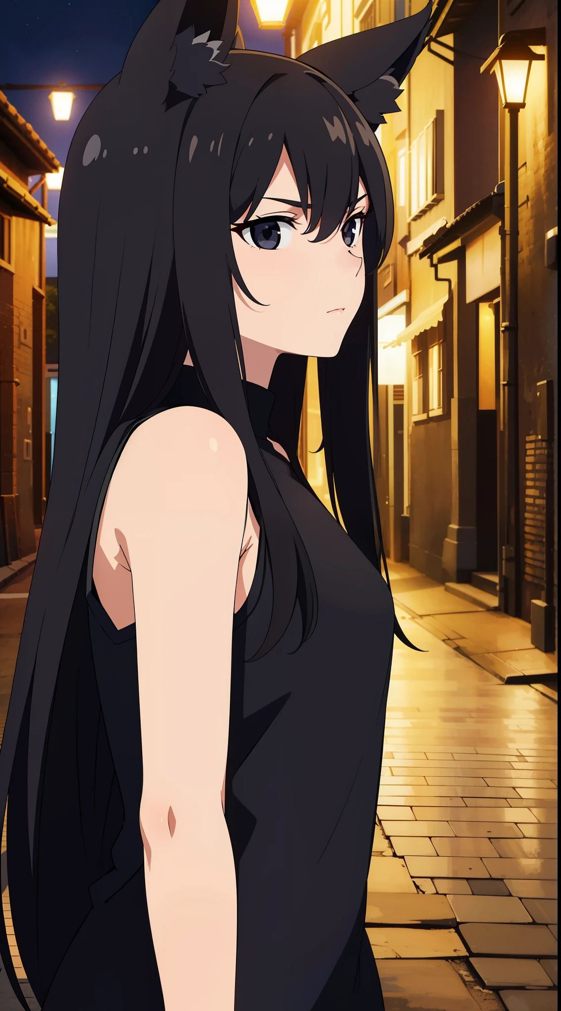 (1girl,),long hair,black hair,black shirt,sleeveless,(in street of a village,night),serious,black eyes,fox ears,portrait