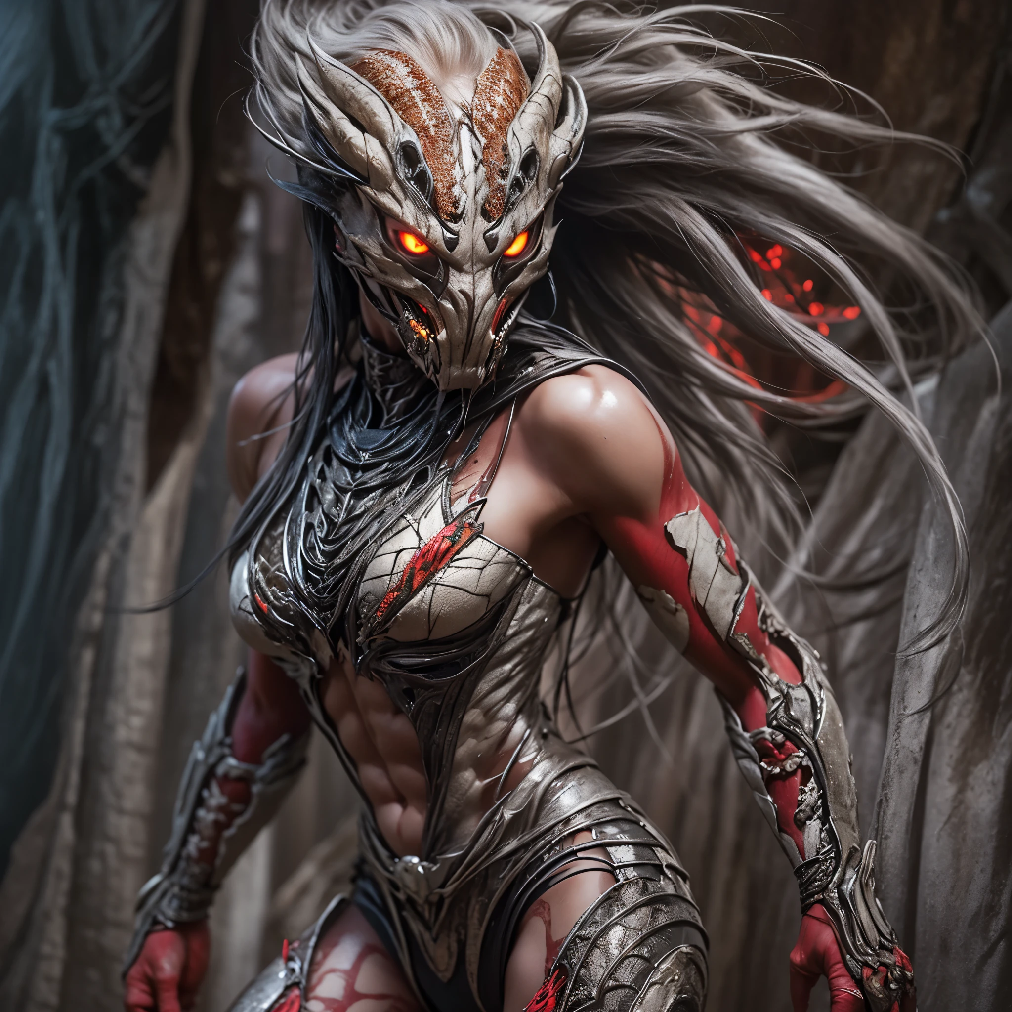 1 female alien, The predator, (extremely beautiful:1.2), (intense gaze:1.4), (predator:1.1), long dark claws, (NSFW:1), nipples, thick eyebrows, (She has shining red eyes:1.2), the most beautiful face in the universe, platinum blonde, symmetrical beautiful eyes, hyper detailed eyes,

A woman predator with an extremely beautiful face, her intense gaze fixed on her prey, a primal force that could not be denied.

(beautiful lean body:1.5), (muscular build:1.2), (prowling:1.3), (sleek movements:1.4)

Her beautiful body, muscular and toned, moved with sleek grace as she prowled, ready to strike at a moment's notice. The predator within her was always on,                                                                          
                                                                                                                                                               
 cinematic drawing of characters, ultra high quality model, cinematic quality, detail up, (Intricate details:1.2), High resolution, High Definition, drawing faithfully, Official art, Unity 8K wall , 8K Portrait, Best Quality, Very High resolution, ultra detailed artistic photography,