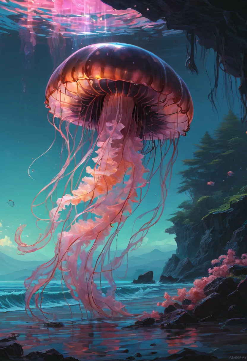 Jellyfish by Alena Aenami, best quality, masterpiece, Representative work, official art, Professional, Ultra intricate detailed, 8k