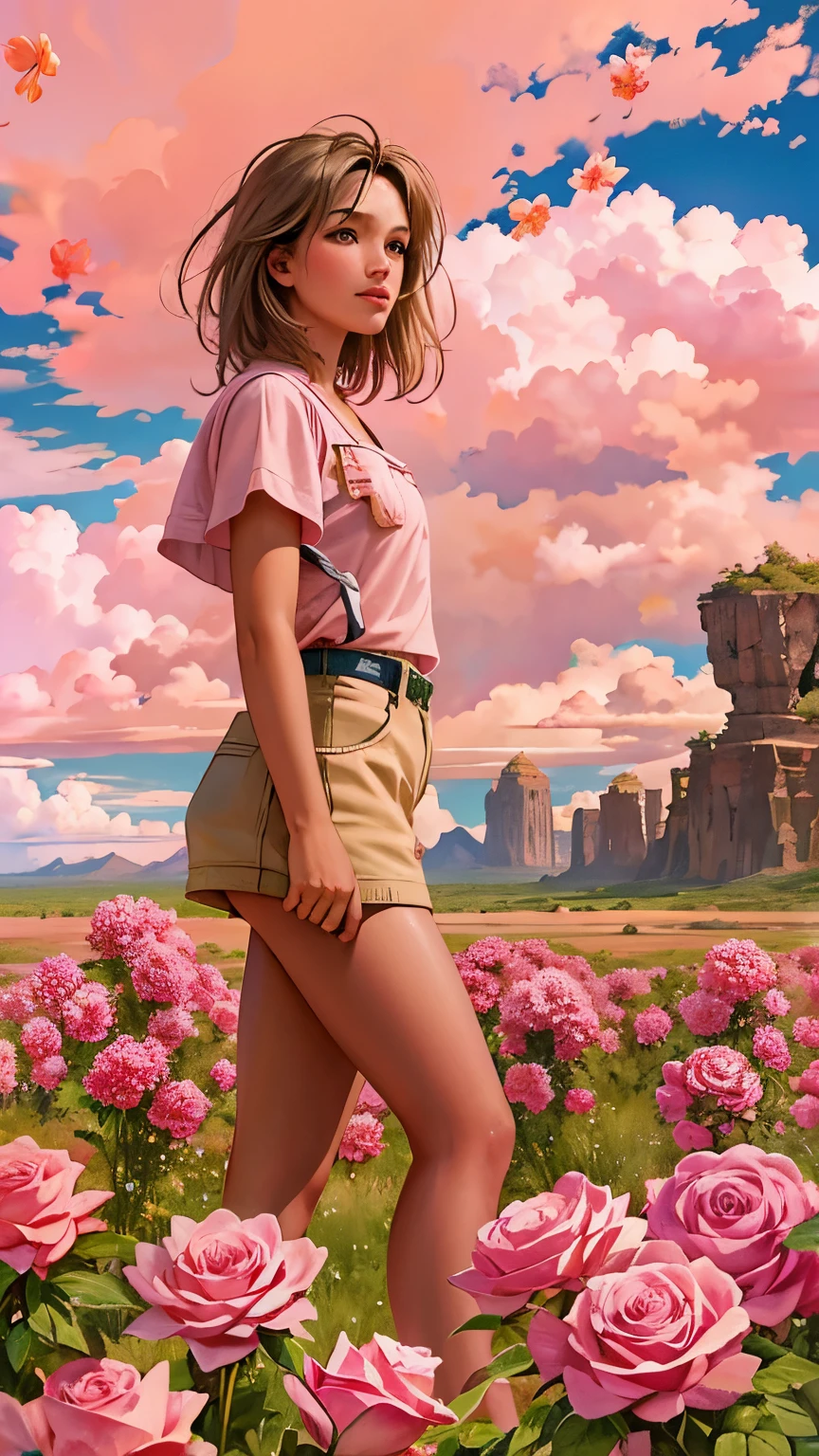 Summer, desert, pink clouds, a land overgrown with roses stands beautiful girl, James Gurney, art station rendered, ultra-wide lens, high definition