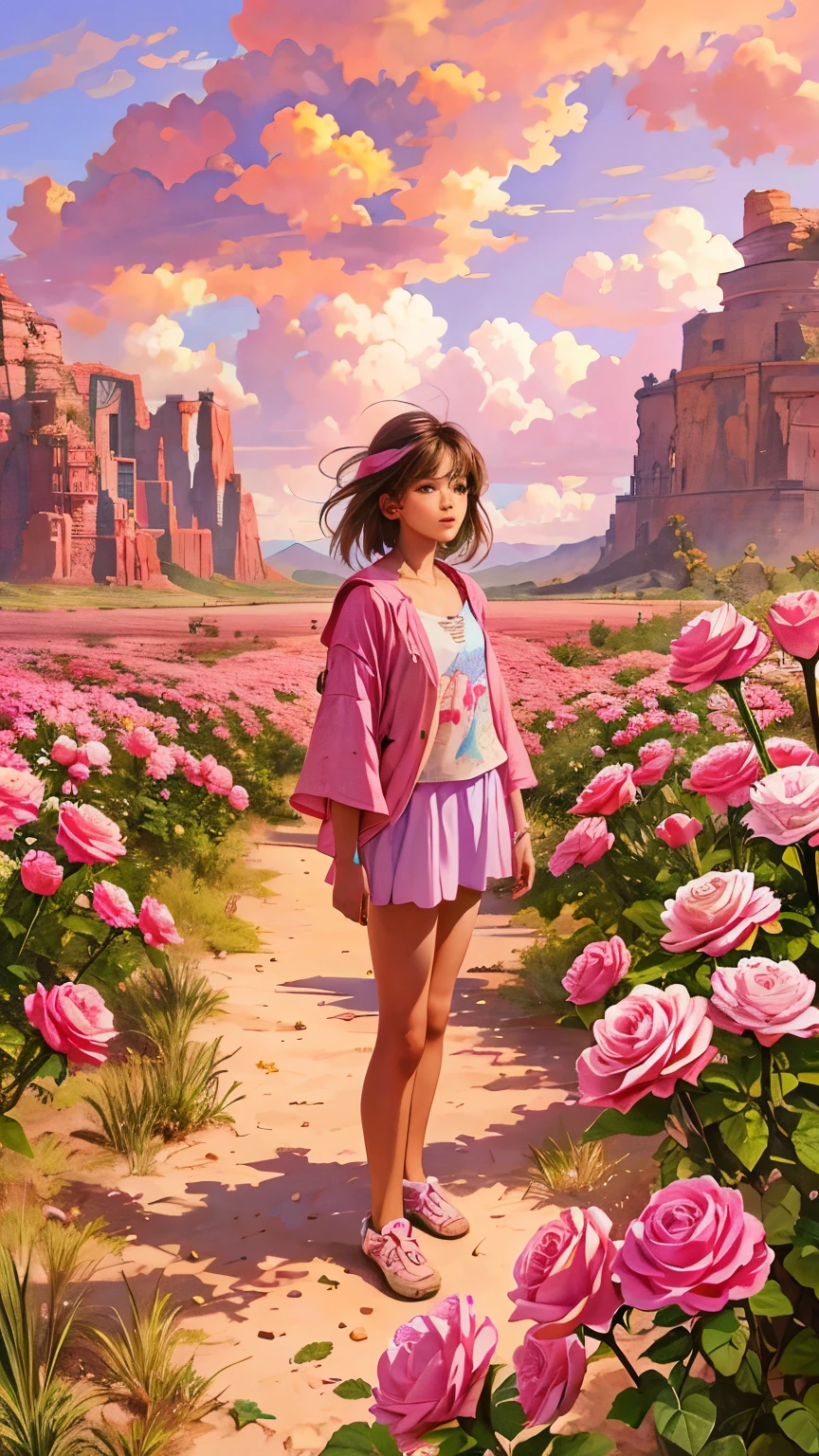 Summer, desert, pink clouds, a land overgrown with roses stands beautiful girl, James Gurney, art station rendered, ultra-wide lens, high definition