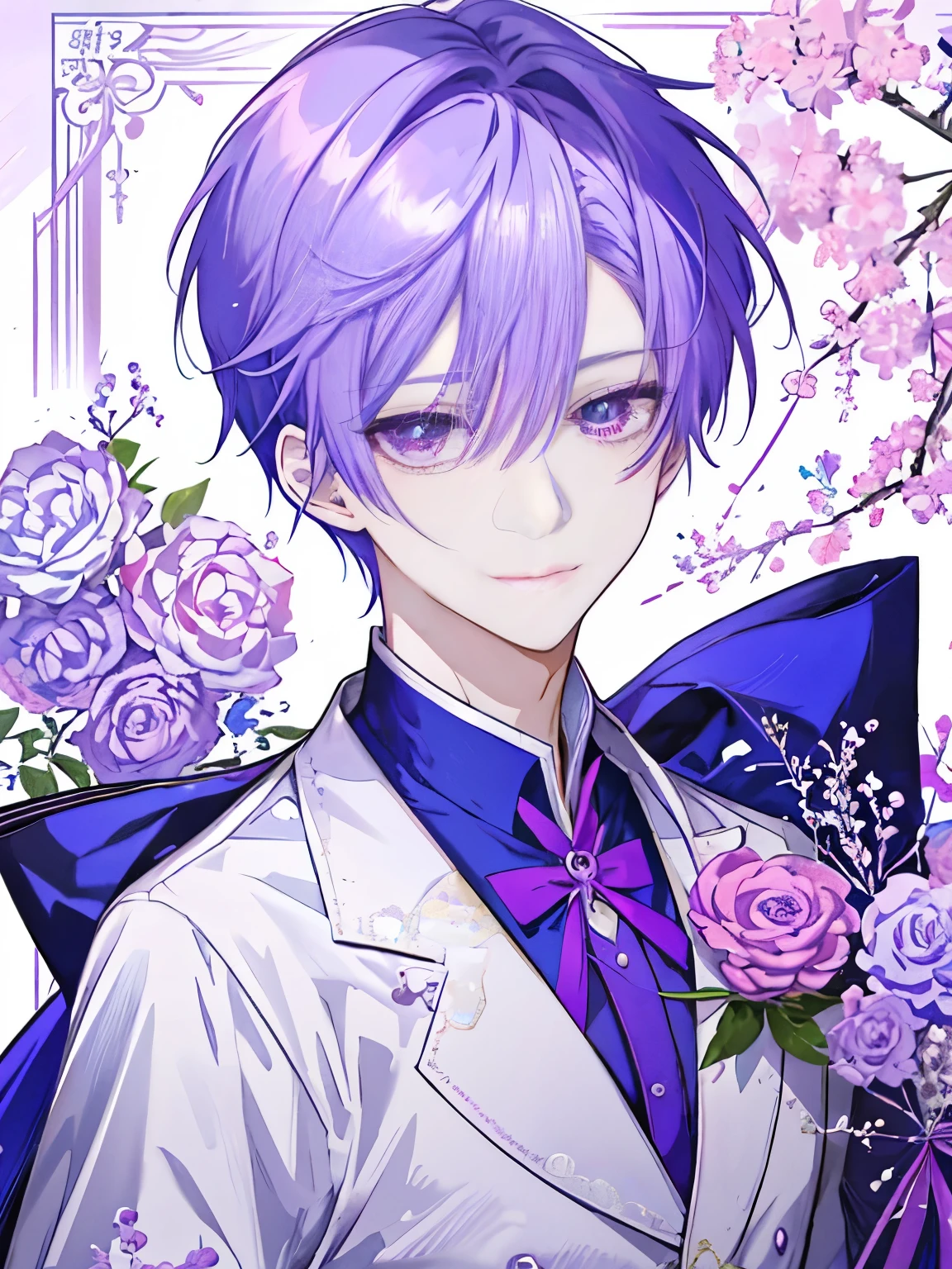 Close up of cartoon character with pale purple hair、 !!full body portrait!!, I'm in a rainbow frame, boy with short light purple hair, boy with purple eyes, white and purple dress, purple boots, yami kawaii, solo, Happy!!!, do pubic poses, MLP fan art, high quality fan art, 8k!!, wallpaper!, official artwork, null!, official art, style of magical boy, portrait of magical boy, magical boy,