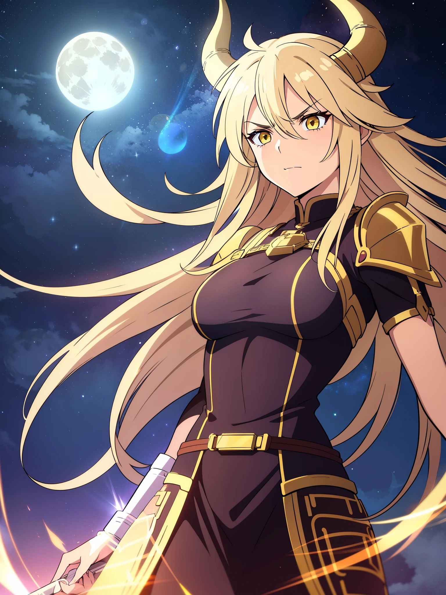 1girl,20s,solo,beautiful girl,horns,long hair,cathyl hair,light blonde hair,gold templar knight armor,yellow eyes,,Ray Light Glow Lens Flare,((night,night sky,full moon)),angry,portrait