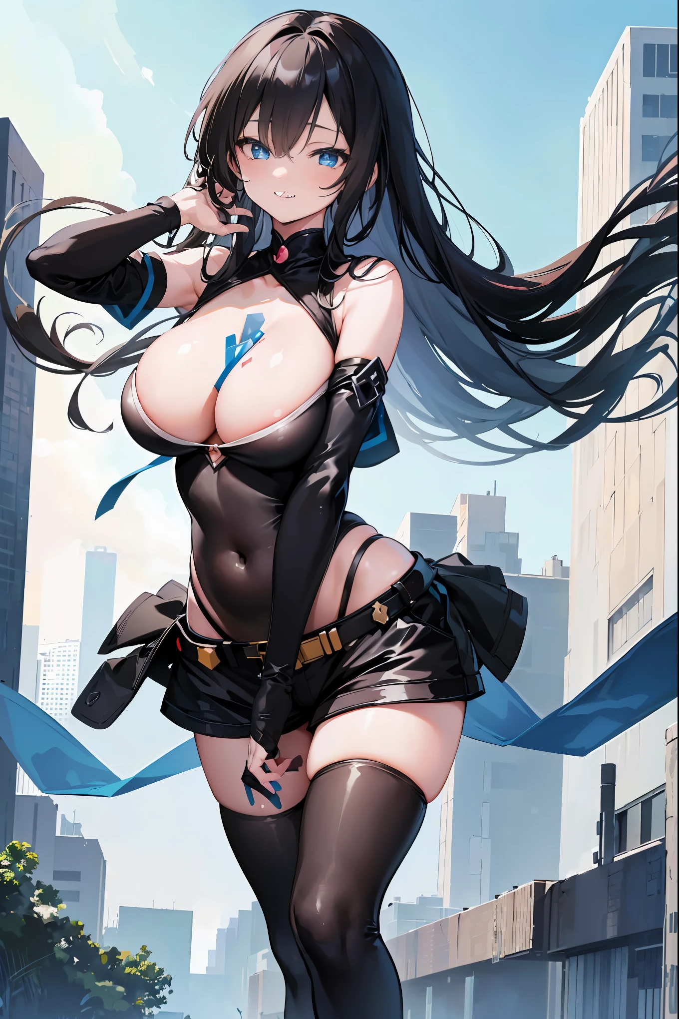 expressive eyes, (((1 girl))), ((anime)), (black hair, long hair,), (blue eyes), (half closed eyes), (huge breasts), ((perky chest)), ((cleavage)), ((thighs)), ((body suit)), ((underboob)),((Thighhighs)), ((dull bangs)), ((short shorts, white, race)), ((city), enchanting smile, princess cut, shiny hair, (masterpiece), art anatomically correct, Super detailed, advanced details, high quality, 最high quality, High resolution, 4k, 8k,