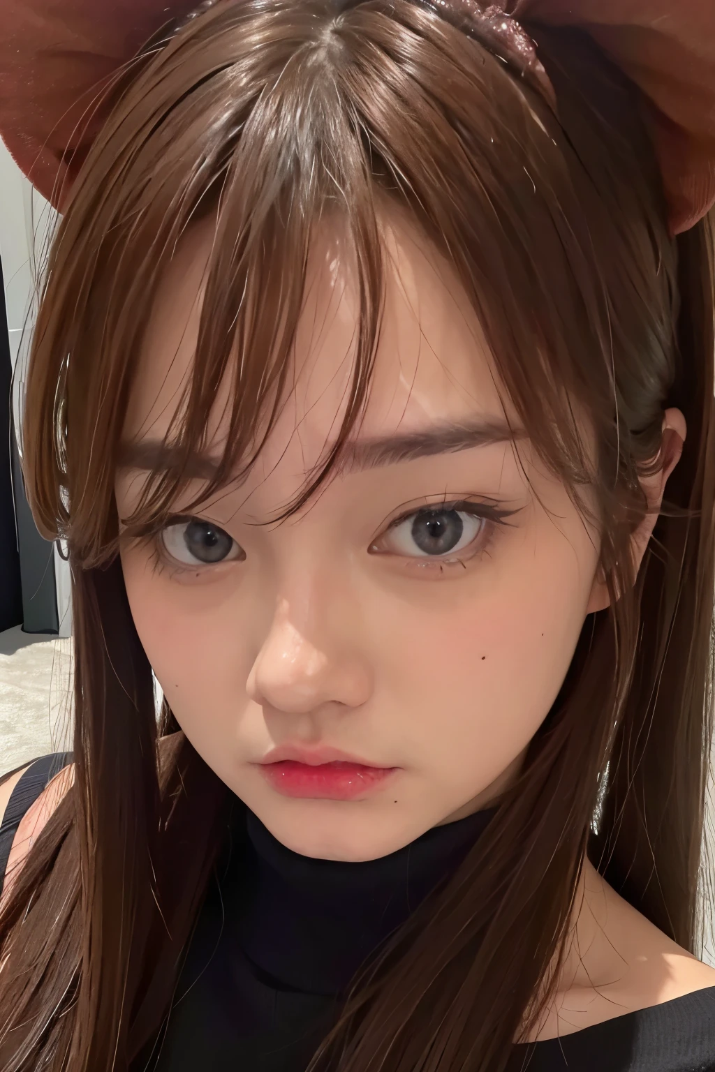 ultra high res, masterpiece, best quality, perfect glossy shiny skins, perfect lighting, detailed lighting, dramatic shadows, ray tracing, black sweater, looking at viewer, off shoulder, blue Eyes, sharp face, sharp eyes, long bangs, open mouse, ((Dark background))