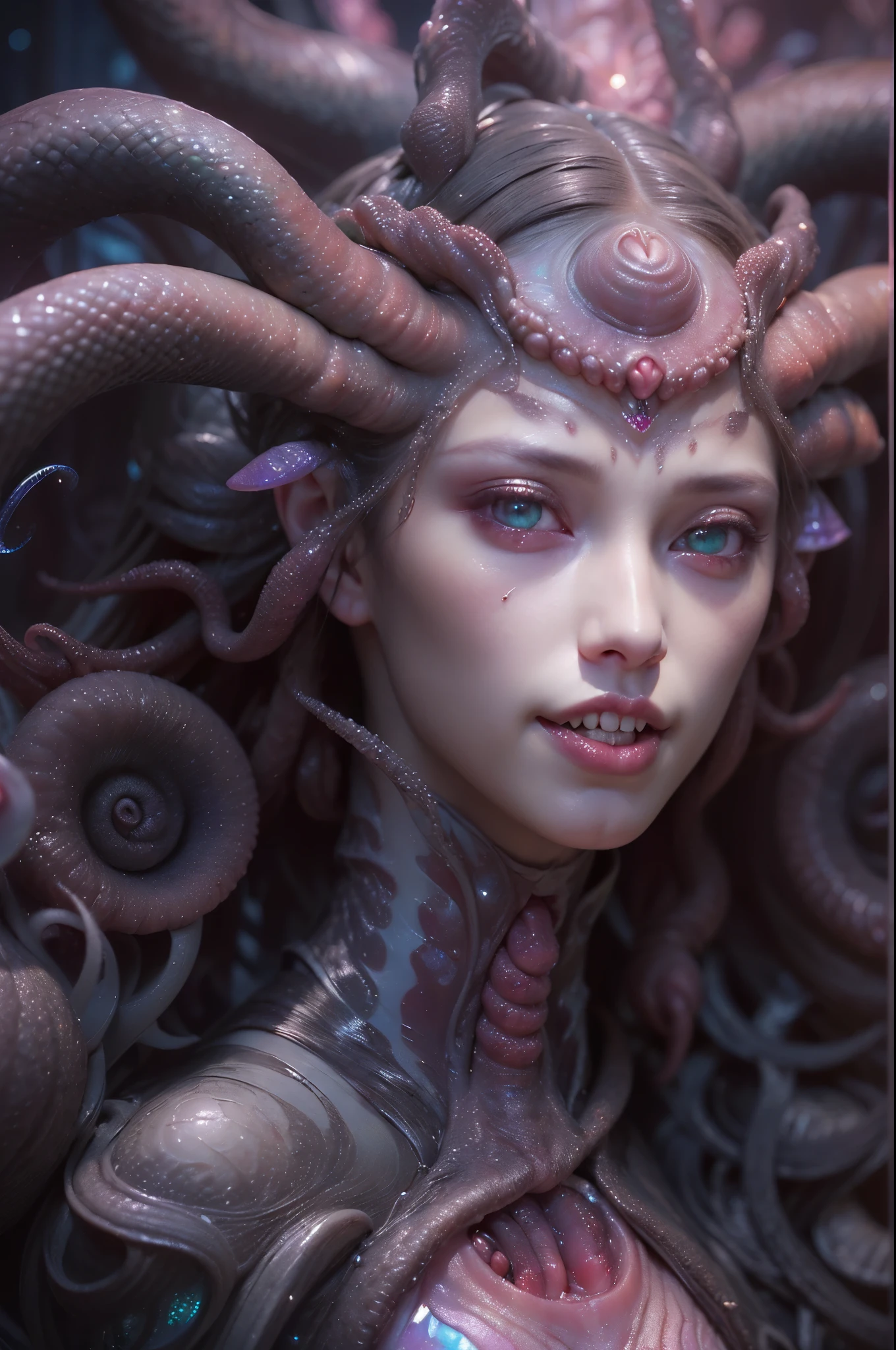 (1 beautiful seductive medusa:1.4), ((There is a female genital-like organ in the middle of the forehead.:1.8)), (realistic face:1.2), Super realistic clear skin, she is very sleepy, (Number of award-winning masterpieces々, incredibly detailed, Texture and maximum detail), midnight aura, unreal engine 5, super sharp focus, midnight aura, unreal engine 5, super sharp focus, (art by Amano Yoshitaka:1.5), art germ, Reusch, intricate artwork, ultra realistic realism, High resolution, High freshness, Unity 8K wallpaper, Super detailed artistic photography, dream-like, fantasy creation, dream snail, (biopunk nautilus:1.3),thrilling color scheme, amazing mutation, She has a beautiful figure with a well-proportioned golden ratio, the goddess of the deep sea, fractal, Geometric pattern, (a lot of transparent white tentacles with luminescent organs:1.4), Subtle emerald green accents, (smile seductively:1.3),(she has the most beautiful face in the history of the universe:1.5), (She looks down at the viewer with glowing red eyes without pupils:1.3), an evil gaze that seduces, cinematic lighting, (no makeup:1.3), (From the gap between your cute lips, long canine teeth peek out like a vampire:1.5), in the palace hall, A sweet sigh leaks from her beautiful lips with ecstatic expression, She has countless hair-like translucent tentacles on her head. cheerful smile