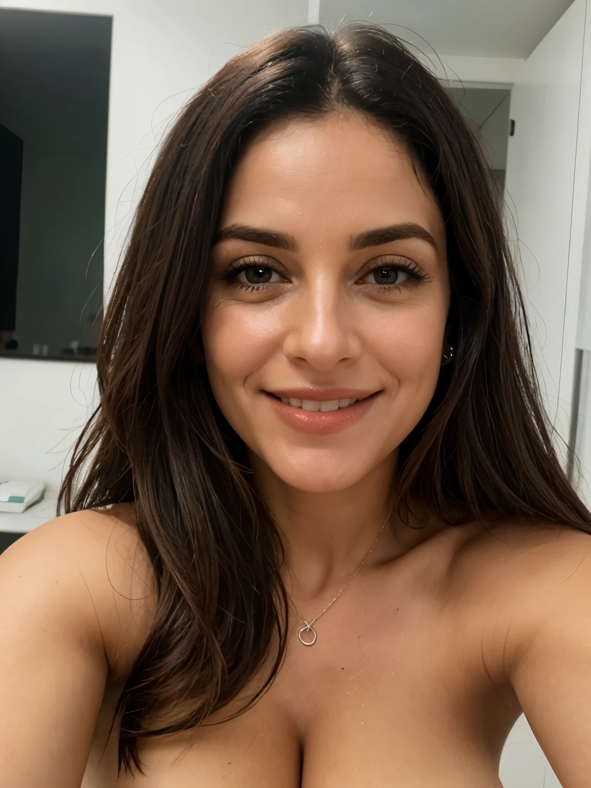 Caterina Murino taking a selfie photo completely naked and smiling