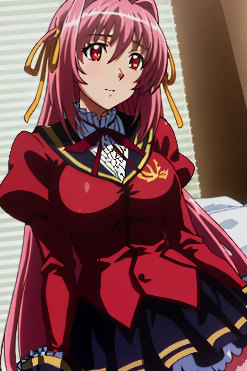 red jacket,long sleeves,school uniform, skirt,puffy sleeves,red dress,thighhighs,detached sleeves, neck ribbon,black ribbon, pink hair,red eyes,yellow ribbon,Long_hair,
1 girl, 20yo,Young female,Beautiful Finger,Beautiful long legs,Beautiful body,Beautiful Nose,Beautiful character design, perfect eyes, perfect face,expressive eyes, looking at viewer, in the center of the image,(light_smile:0.5), official art,extremely detailed CG unity 8k wallpaper, perfect lighting,Colorful, Bright_Front_face_Lighting,shiny skin, (masterpiece:1.0),(best_quality:1.0), ultra high res,4K,ultra-detailed, photography, 8K, HDR, highres, absurdres:1.2, Kodak portra 400, film grain, blurry background, bokeh:1.2, lens flare, (vibrant_color:1.2) (Beautiful,large_Breasts:1.0), (beautiful_face:1.5),(narrow_waist)