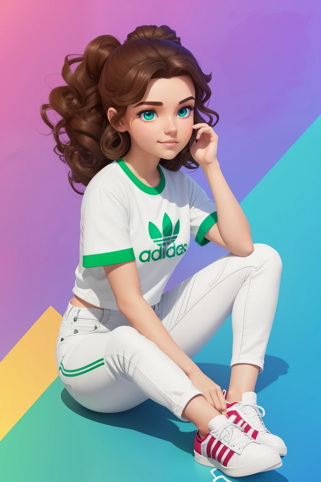Create 3D illustrations of an animated character, inspired by the given method. The character is a young brown-haired girl, boasting black cascading curls. Her medium build and modelesque features are accentuated by her narrow face shape and expressive, beautiful eyes. She sits comfortably next to the large, instantly recognizable Instagram logo, graced with its bright green and white colors. The character wears a tight white short- sleeve T-shirt and blue jeans, completing her outfit with white Adidas sneakers. The entire scene is bathed in soft, rich light colors, making the illustration vibrant and visually appealing. The Instagram profile interface serves as the background, adorned with the
