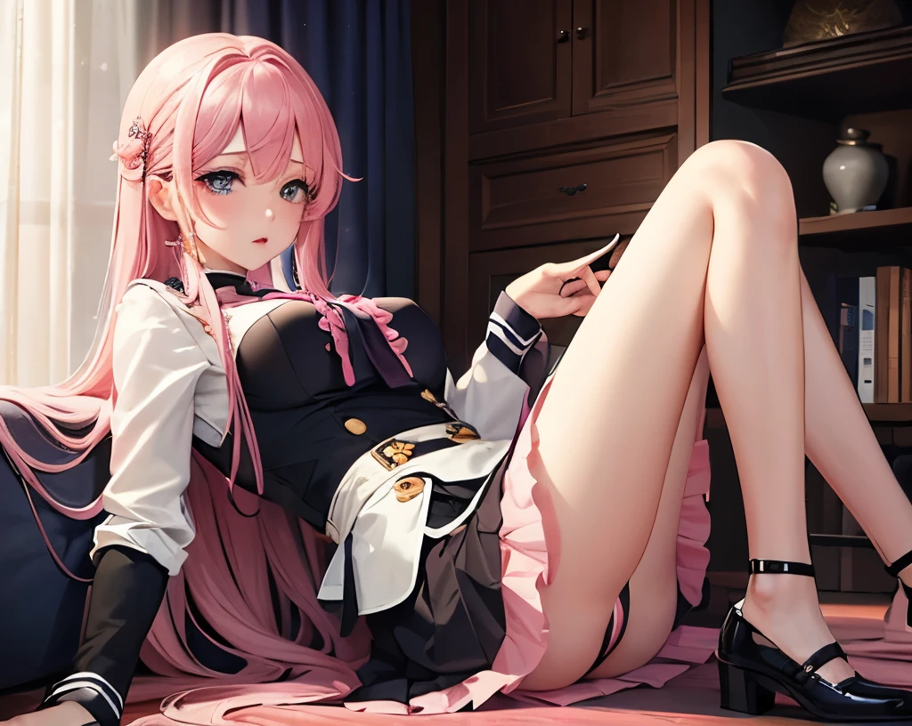 8K, highest quality, masterpiece, super detailed、full lips、pink long hair、medium breasts、pale blue eyes、I can see your panties、blouse、black mini skirt、uniform、pink panties