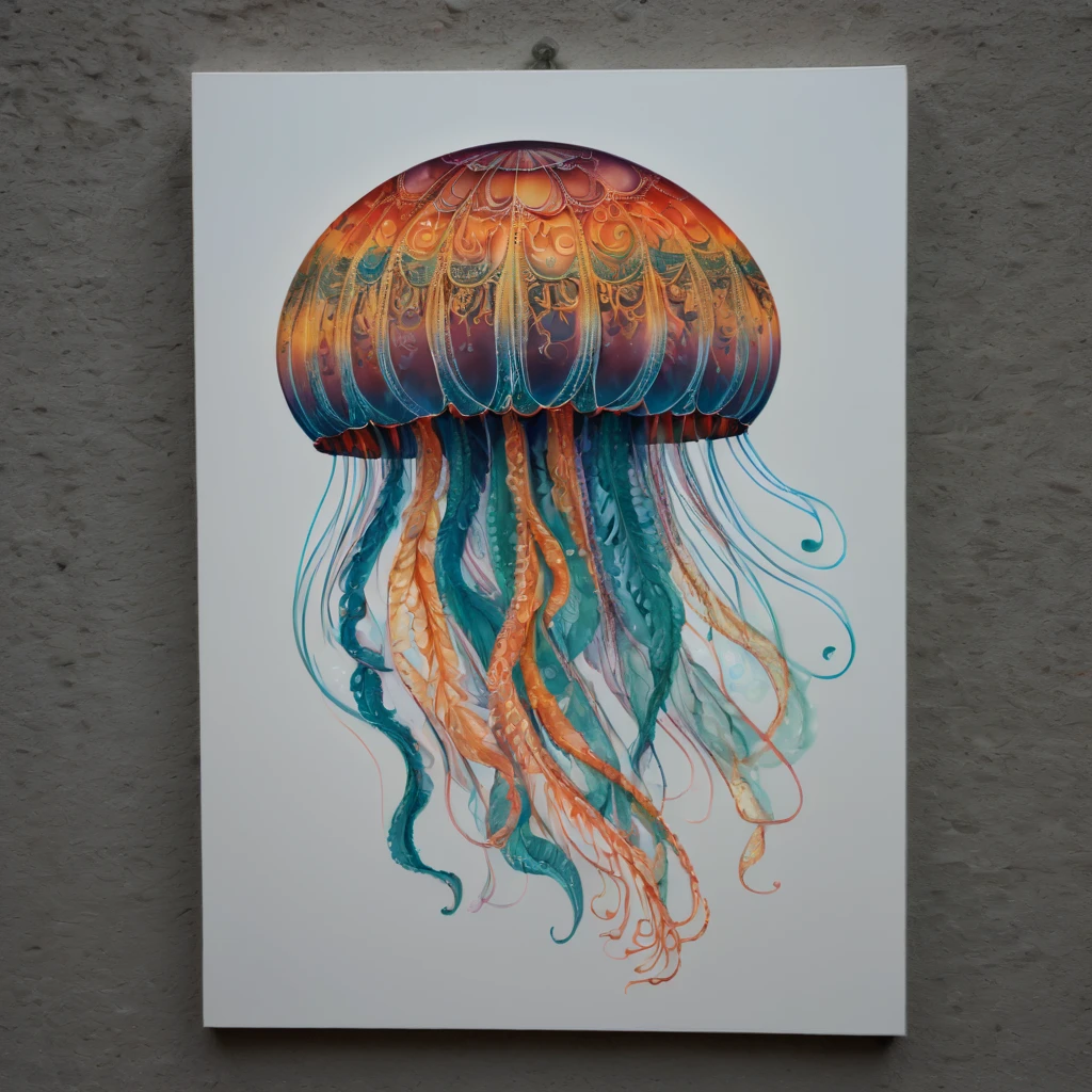 (masterpiece, best quality), magical Jellyfish, zentangle, Graffiti on street wall, signed by word "TUPU",
