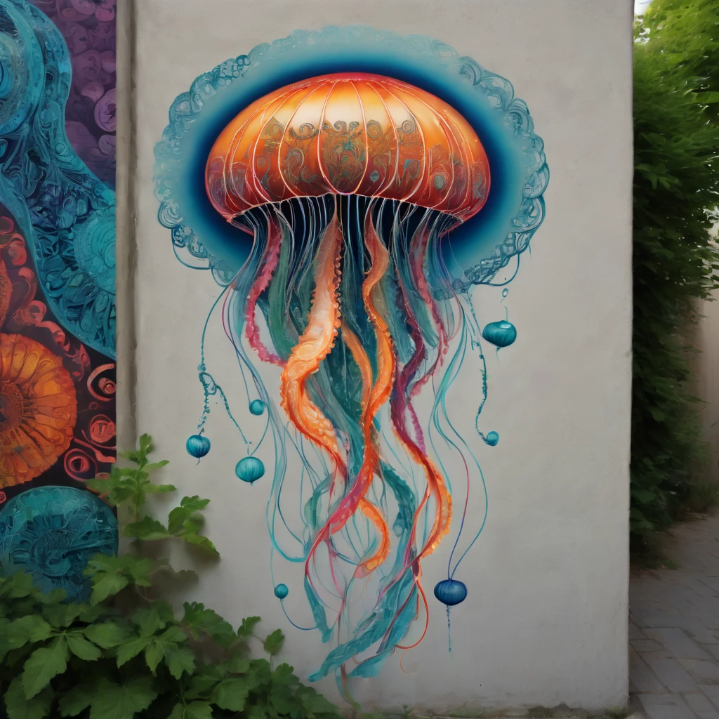 (masterpiece, best quality), magical Jellyfish, zentangle, Graffiti on street wall, signed by word "TUPU",