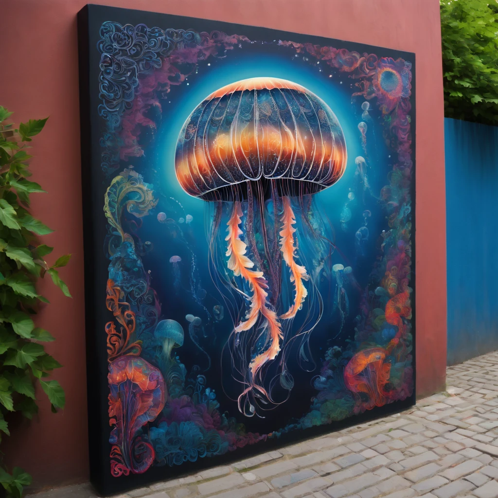(masterpiece, best quality), magical Jellyfish, zentangle, Graffiti on street wall, signed by word "TUPU",