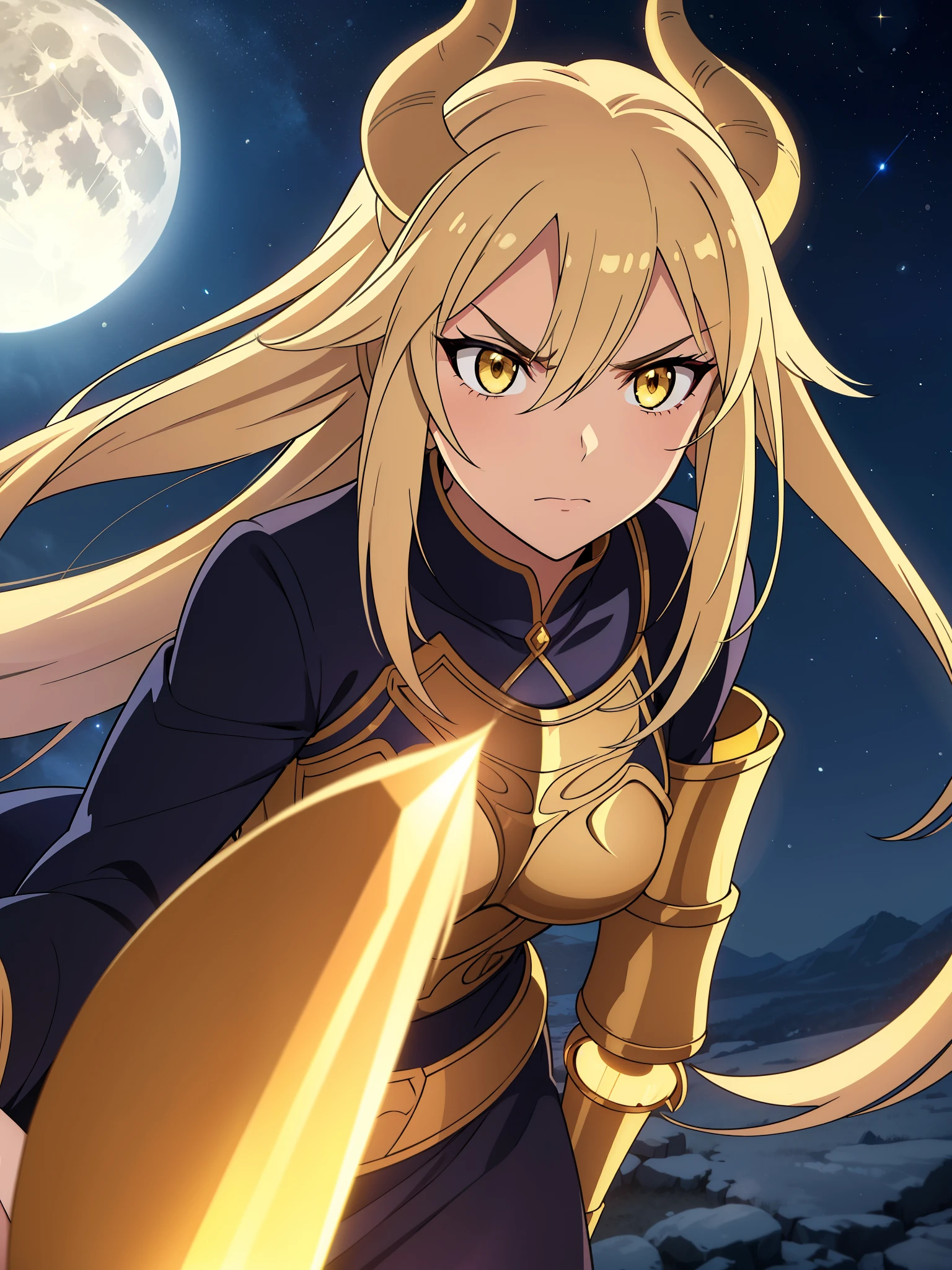 1girl,20s,solo,beautiful girl,horns,long hair,cathyl hair,light blonde hair,gold armor,yellow eyes,,Ray Light Glow Lens Flare,((night,night sky,full moon)),angry,portrait