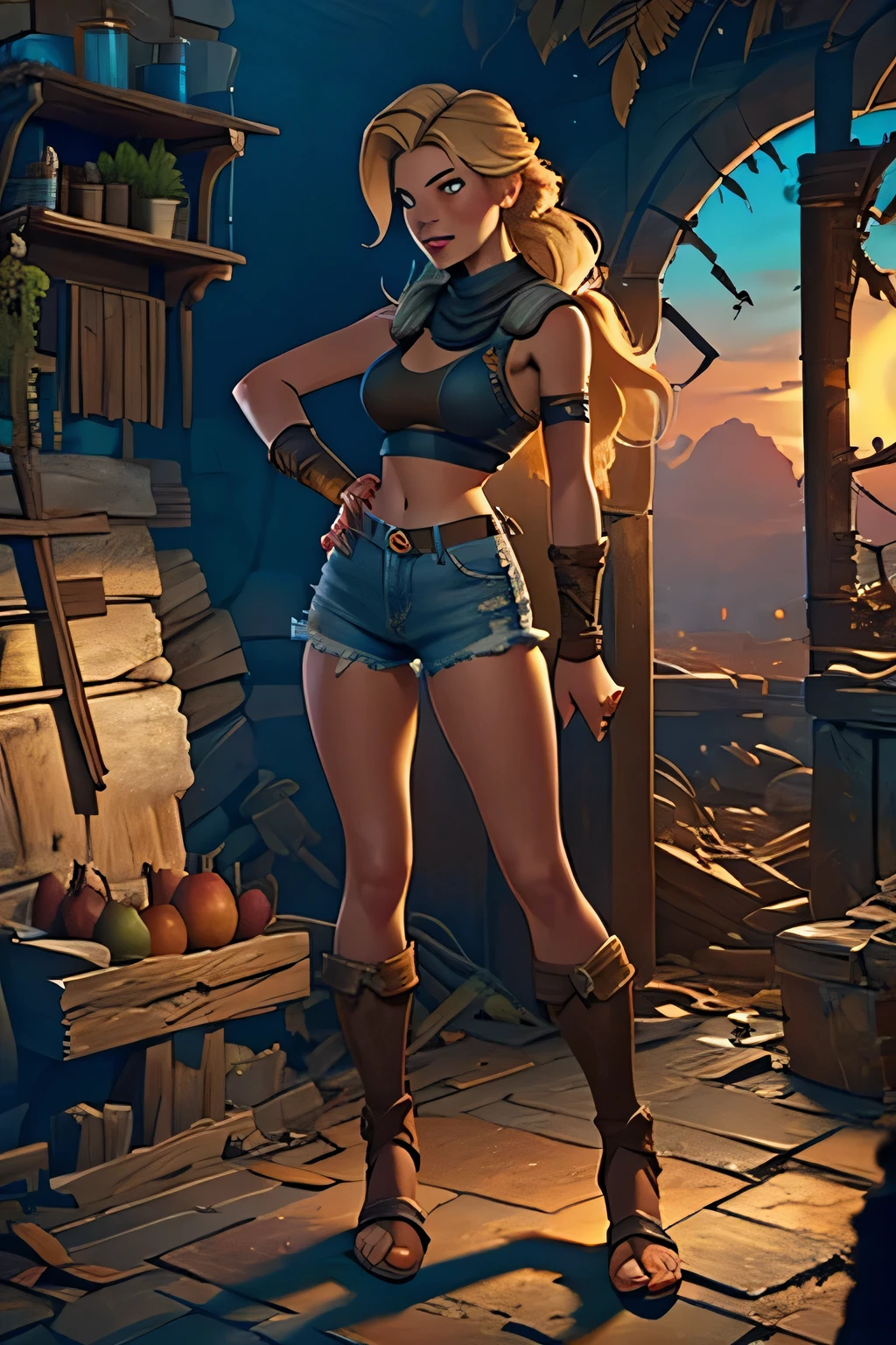 2076 annee. Les ruines du desert, Chasseresse femelle cueillant des fruits dans le jardin, Beau visage, Blond, heavily torn denim top and shorts , Longues jambes, transpirer à travers, soleil levant, De jolies couleurs chaudes, la tête aux pieds, photo de tout le corps, jolies mains, doigts parfaits,