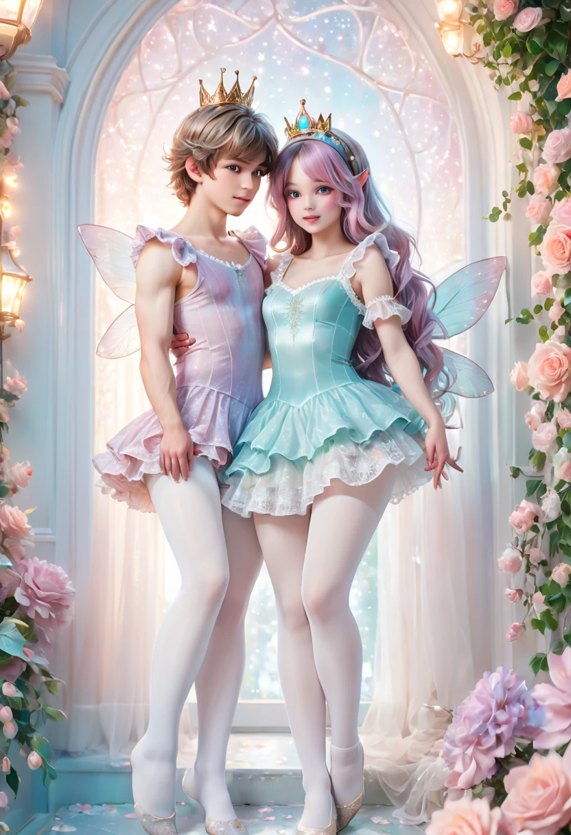 (((romantic, ethereal, digital art, illustration, man, woman, fairy princesses, cute frilly short bodycon dresses, (white pantyhose, RealNylonFeets, painted toenails) embracing, dreamy pastel color palette, intricate lace details, soft lighting, magical lighting, full body shot)), high quality, photorealistic, HDR, UHD, 4k), masterpiece, ((detailed lace patterns, delicate lacework, elegant lace design, intricate lace embroidery), soft focus, fairy-tale, magical, dream-like, volumetric lighting, cinematic composition), tilt-shift lens, blurry background