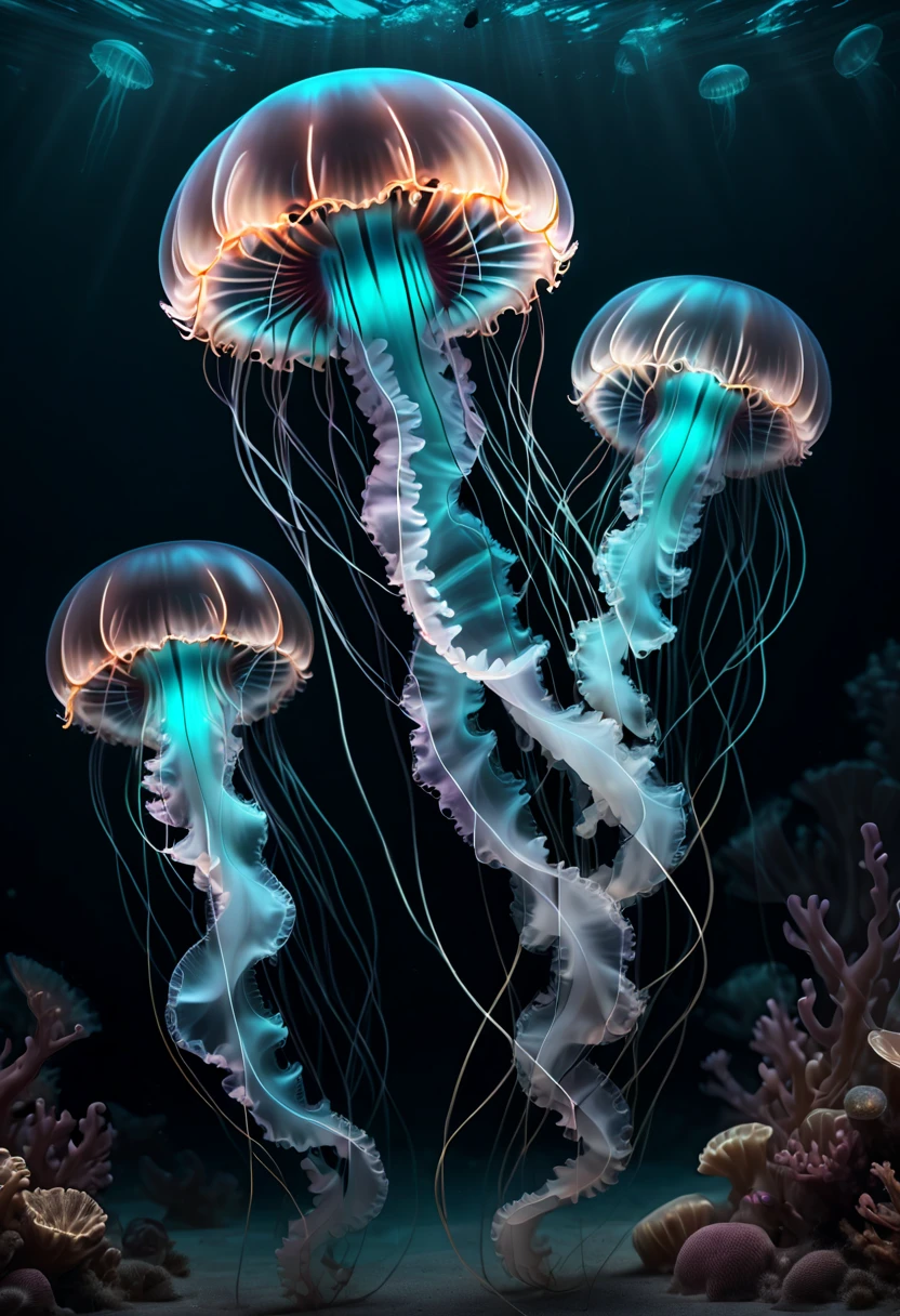 Jellyfish, Capture the ethereal dance of light and shadow in a stunning monochromatic photograph with selective color details, revealing the hidden poetry of Bioluminescence, undersea, (realistic, photorealistic, RAWphoto:1.2), octane render, (best quality, masterpiece, Representative work, official art, Professional, Ultra intricate detailed, 8k:1.3)