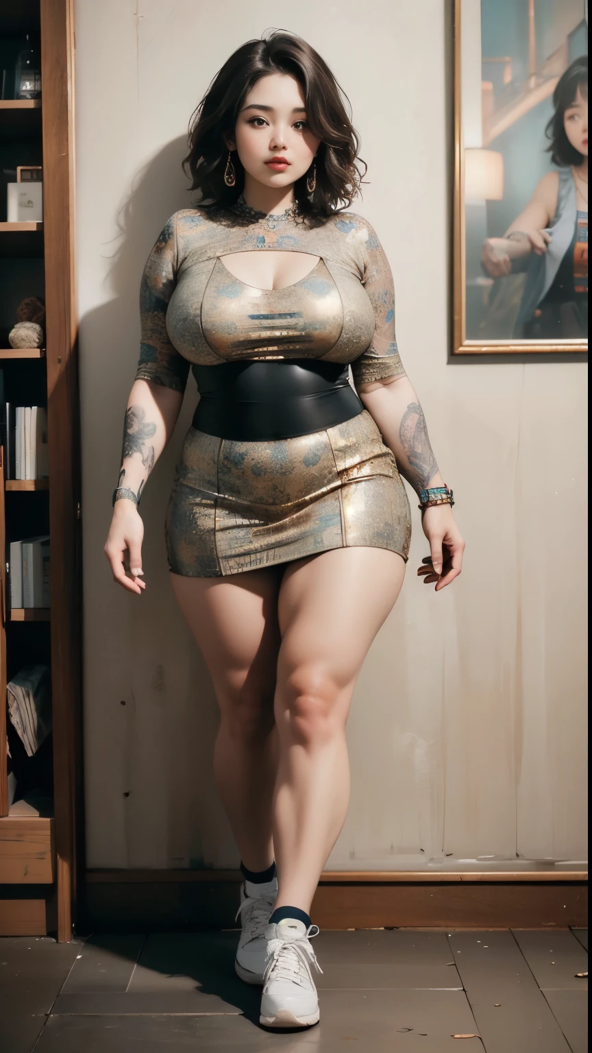 ((best quality)), ((masterpiece)), (detailed), perfect face, ((best quality)), ((masterpiece)), (detailed), perfect face, wanita chubby dewasa, wearing thight dress and thight skirt, chubby cheeks, chubby arm, chubby thighs, big breasts, wearing a sneakers, medium hair style, full body photoshoot, tattooed body , walk pose in a dark room , tattooed all over hands, slightly fat arms , fat thighs