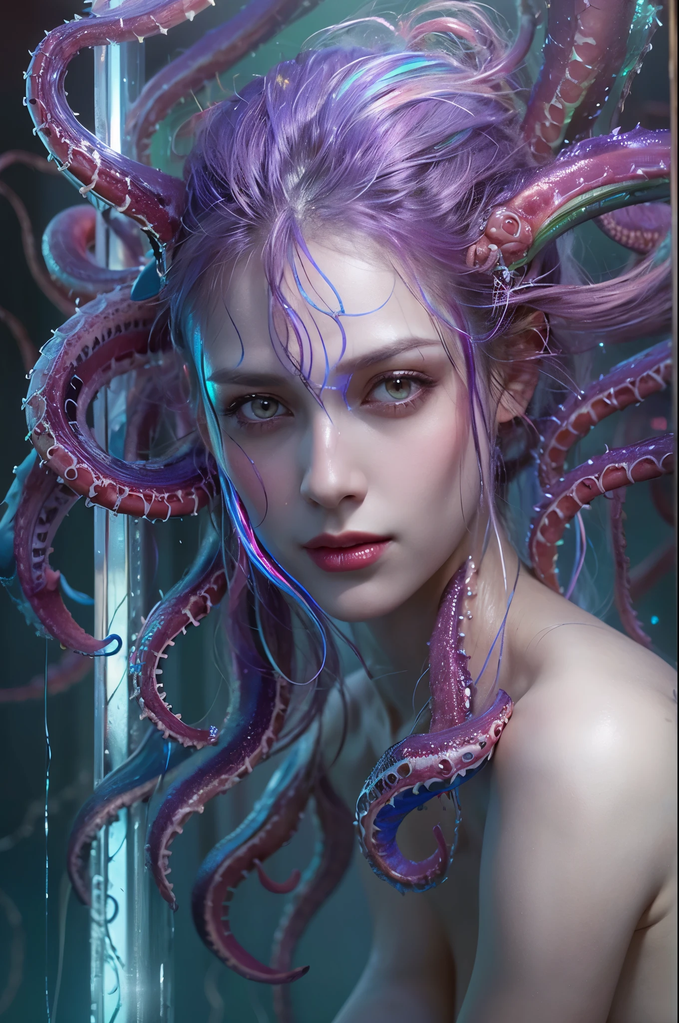 (1 extreamly beautiful female creature: 1.2), With a beautiful, enchanting face, this alien seduces us with her allure. Her captivating red eyes gleam brightly, reminiscent of burning embers. Her full body is unlike any human's, boasting a sexy, otherworldly form. No humans are present in this scene as she stands alone, her cells fused in a unique and intriguing extraterrestrial way.
(extraordinary beautiful nude photo:1.4), (glowing black eyes:1.5), (sexy and glamorous:1.1), (coquettish expression:1.2), toned lean body, (muscular:1.2), (beautiful abs:1.5), beautiful nipples, (She has lots of iridescent translucent tentacles instead of her hair:1.8), pale skin, (white skin with prominent veins:1.3), (She is looking down at the viewers from above with a seductive smile that suggests a sexual invitation:1.5), wearing a beautiful brightly colored exoskeleton, ultra realistic realism, High resolution, High freshness, Unity 8K wallpaper, Super detailed artistic photography,
Lots of iridescent translucent tentacles adorn her body, shimmering under the dramatic lighting. Her pale skin, with a hint of translucency, adds to her ethereal allure. This masterpiece, rendered in