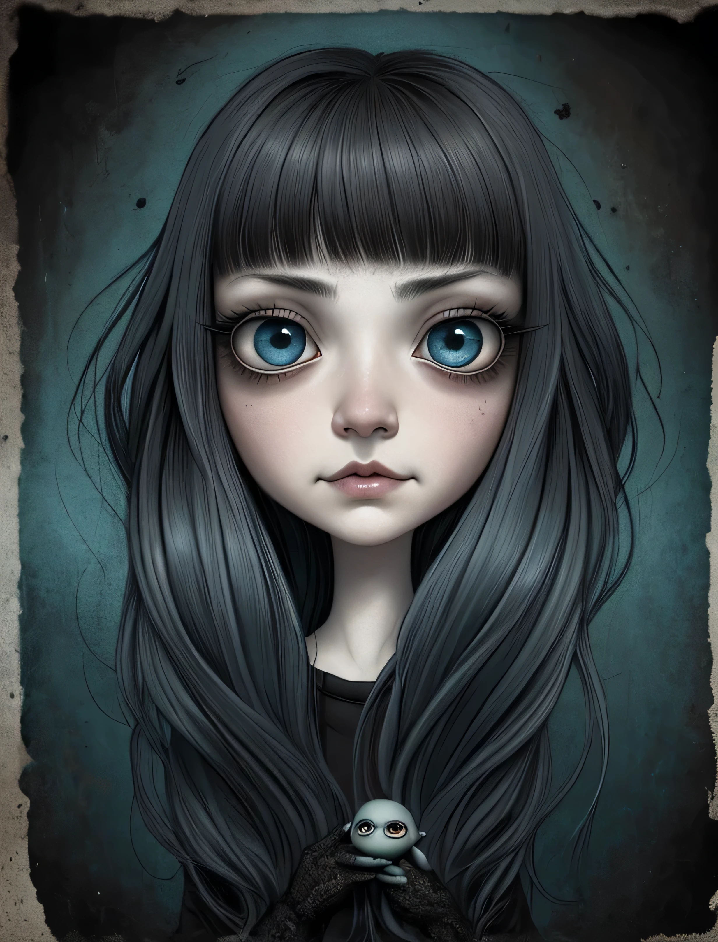 Un primer plano de una chica muy triste con el pelo largo (rubio) Y los grandes ojos azules mostrando enormes ((pechos)), Anton Semenov, Mark Ryden muy detallado, Designed by Mark Ryden, Mark Ryden en el estilo de, Designed by Mark Ryden, inspirado por Mark Ryden, Naoto Hattori, Adorable pintura digital, hermoso rostro. dark fantasy, Estilo Wlop Loish y Clamp, desnuda