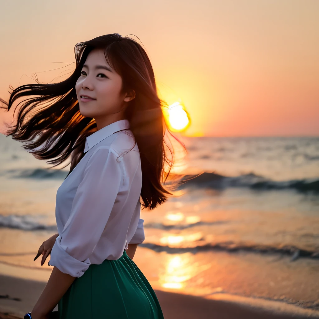 Ocean、sunset、30 year old office lady with hair swaying in the wind、Weight 70 kg