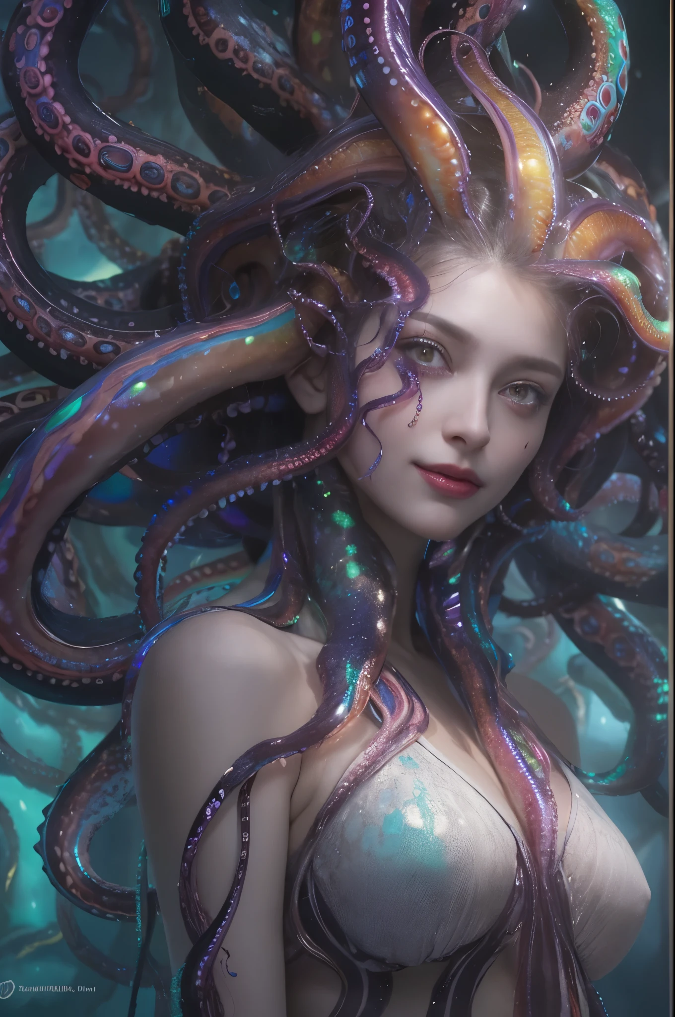 (1 extremely beautiful female medusa: 1.2), With a beautiful, enchanting face, this alien seduces us with her allure. Her captivating red eyes gleam brightly, reminiscent of burning embers. Her full body is unlike any human's, boasting a sexy, otherworldly form. No humans are present in this scene as she stands alone, her cells fused in a unique and intriguing extraterrestrial way.
(extraordinary beautiful nude photo:1.4), (glowing black eyes:1.5), (sexy and glamorous:1.1), (coquettish expression:1.2), toned lean body, (muscular:1.2), (beautiful abs:1.5), beautiful nipples, (She has lots of iridescent translucent tentacles instead of her hair:1.8), pale skin, (white skin with prominent veins:1.3), (She is looking down at the viewers from above with a seductive smile that suggests a sexual invitation:1.5), wearing a beautiful brightly colored exoskeleton, ultra realistic realism, High resolution, High freshness, Unity 8K wallpaper, Super detailed artistic photography,
Lots of iridescent translucent tentacles adorn her body, shimmering under the dramatic lighting. Her pale skin, with a hint of translucency, adds to her ethereal allure. This masterpiece, rendered in