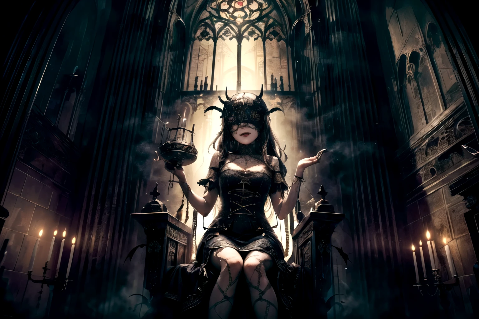 ((dark-skinned Caribbean 1girl wearing blindmask with long indigo freeform braided hair, sitting in gothicpunkai throne, wearing tight sensual gothic lolita style dress with intricate lace patterning and leather straps and bindings, dark two-tone lipstick, grinning expression, ornate golden chalice in hand)), Ultra-realistic 8K CG, ((ultra-detailed background is abandoned cathedral with iron-wrought candelabra and tarnished sculptures, delicate pattern, intricate details, many bats ravens and owls flying throughout scene)), best quality, intricate details, solo, (masterpiece:1.6, best quality), (masterpiece, best quality:1.2), 8k, insane details, intricate details, hyperdetailed, hyper quality, high detail, ultra detailed, professional, HDR, realistic, ray tracing reflection, cinematic lighting, ornate,