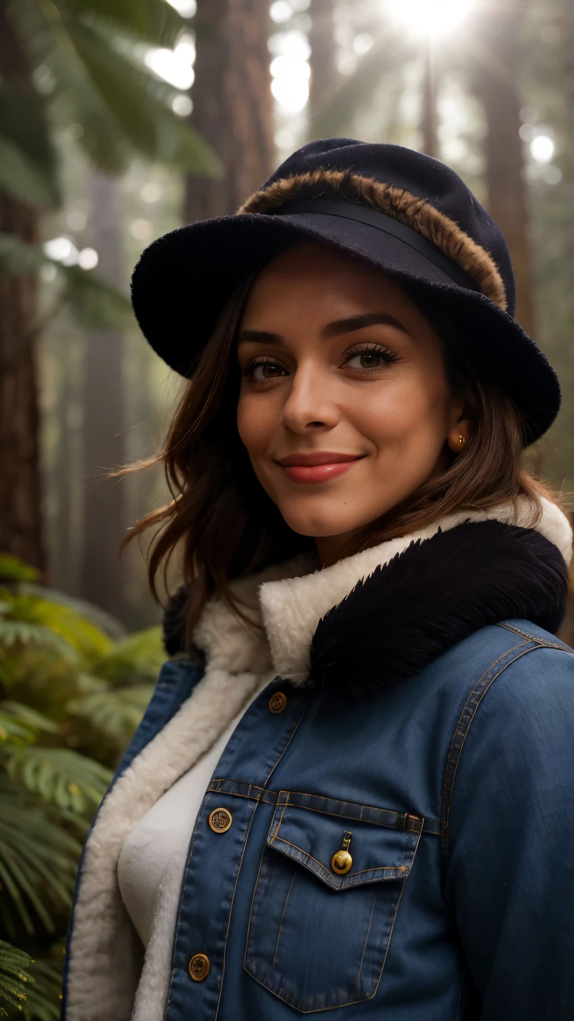 fotografia de uma mulher de 36 anos, (friendly facial expression), Pele Texturizada, arrepio, cabelo preto meio para cima meio para baixo, Faux fur-lined parka with skinny jeans and hat, perfil do grupo, towering ancient redwoods creating a sense of wonder and awe, Olhos perfeitos, ((strong lighting:1.4)), Velvia 100 cores, filmado em Cinestill 800T, bokeh, sharp focus on the subject, filmado por Manuela Marques