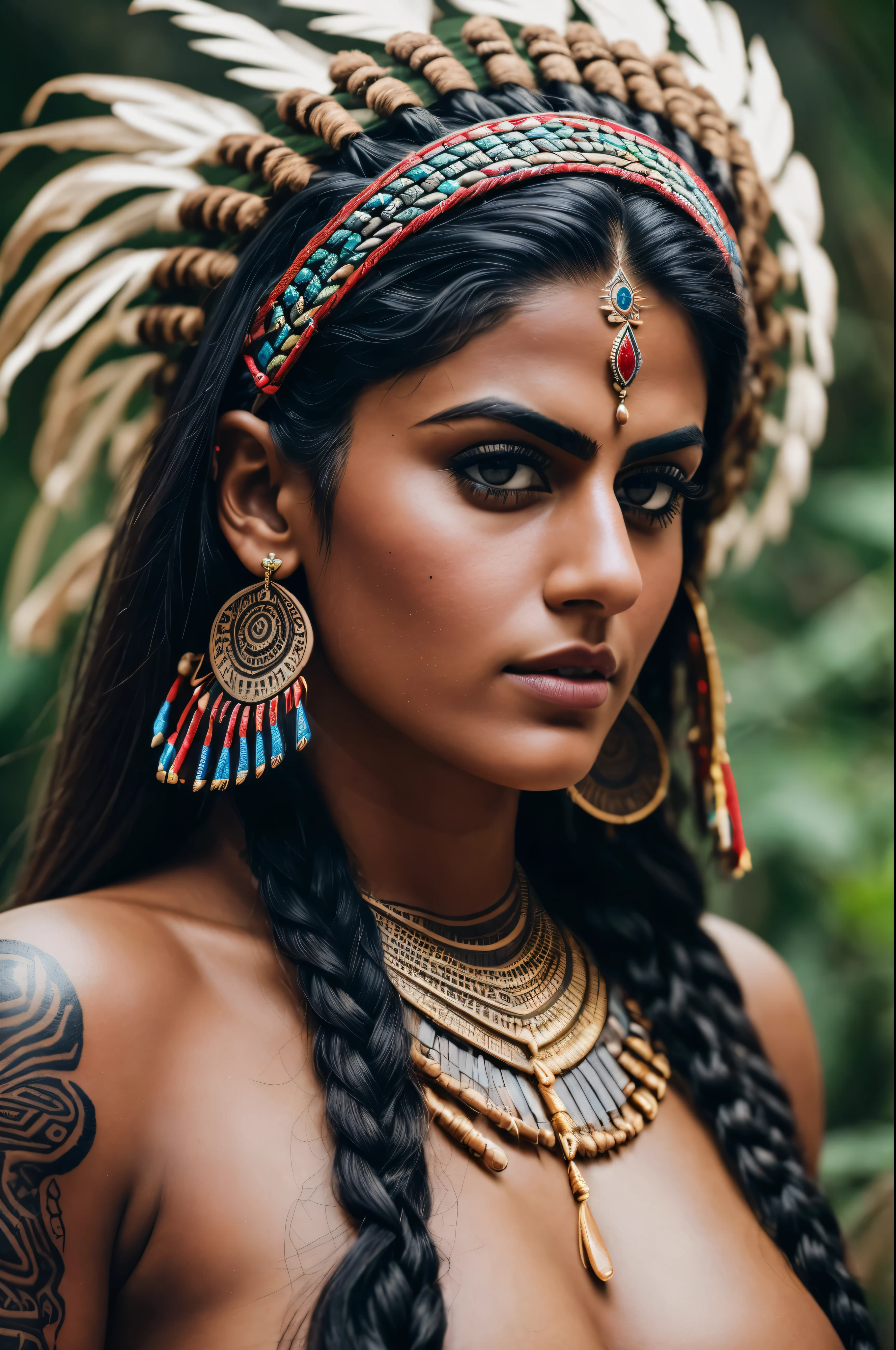 Looks like Tapsee Pannu, Foto RAW: (pele altamente detalhada: 1.2), 8k UHD, DSLR, soft-lighting, alta qualidade, film grain, tribal girl, skin texture, skin pores, stunning looks, tribal headdress, tattoos, colorful tribal tattoos, tribal white girl, Polynesian tribe, best quality, best cinematic color grading, detailed lighting, high resolution, Fujifilm XT3