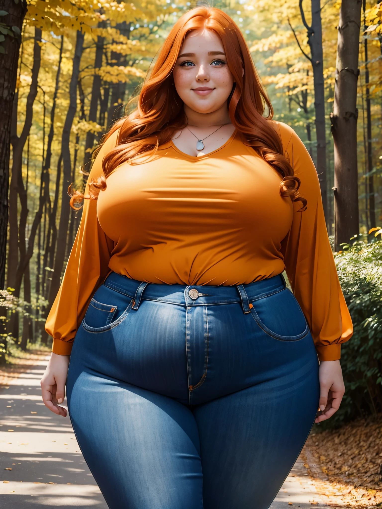 The most beautiful very obese young obese ussbbw fat redhead woman with long rich curly natural ginger hair, natural beautiful cute face, blue eyes, freckles on face and body, busty obese ussbbw fat feminine body, huge fat obese bloated super-soft belly, very wide hips and large fat booty, fat arms, thicc fat wide obese legs in a beautiful orange top, tight blue jeans, standing and smiling in a beautiful Autumn Forest