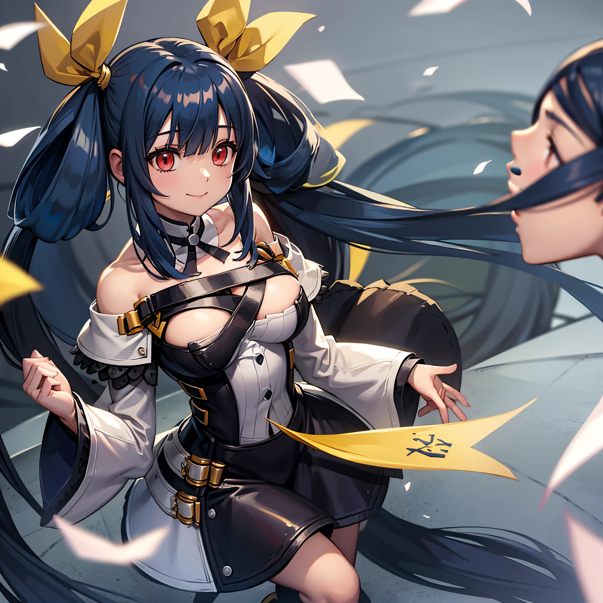 yellow ribbon,dark blue long hair,hair tied in two，big breasts, 1 girl, alone,  praying to heaven, Upper and lower body are visible， smile.