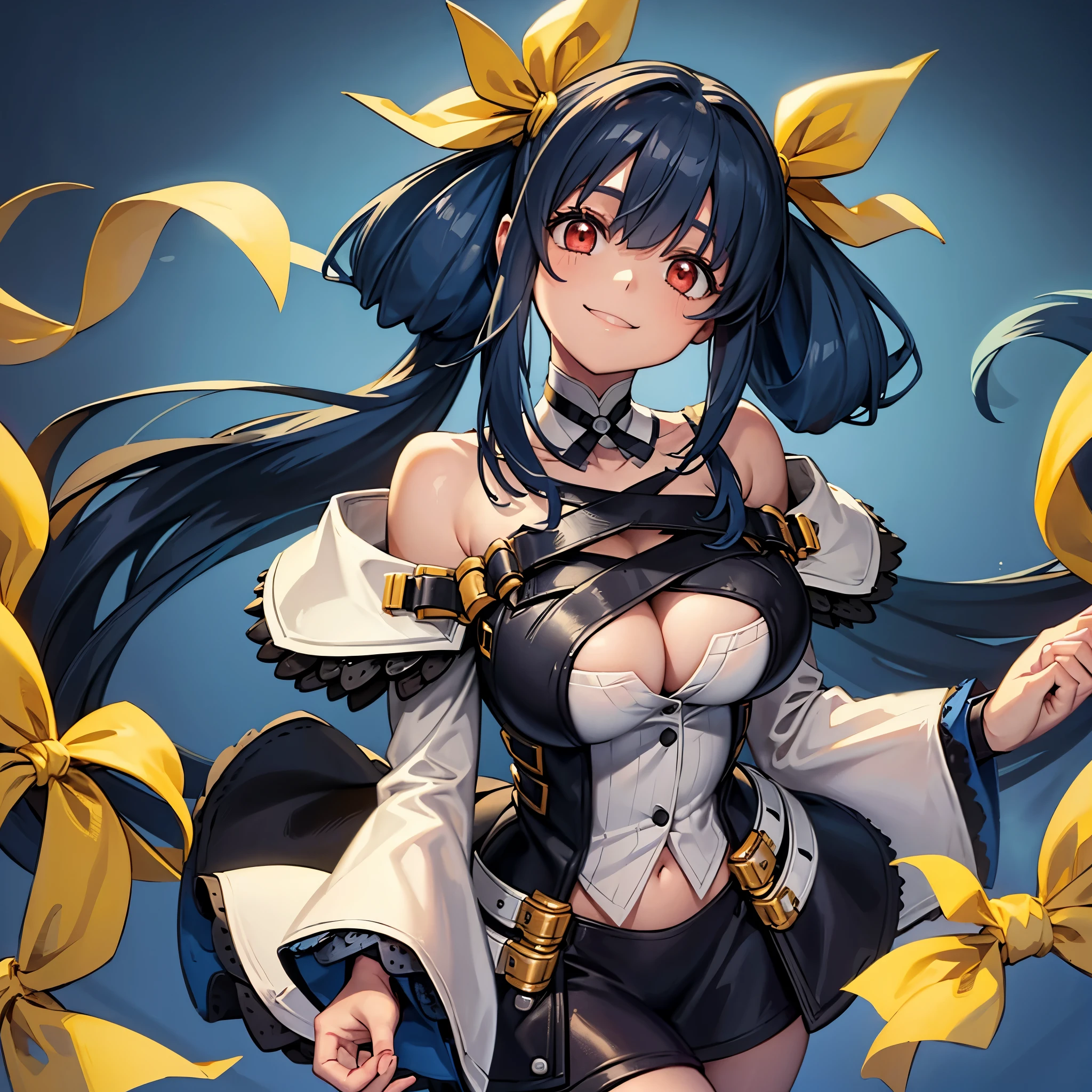 yellow ribbon,dark blue long hair,hair tied in two，big breasts, 1 girl, alone,  praying to heaven, Upper and lower body are visible， smile.