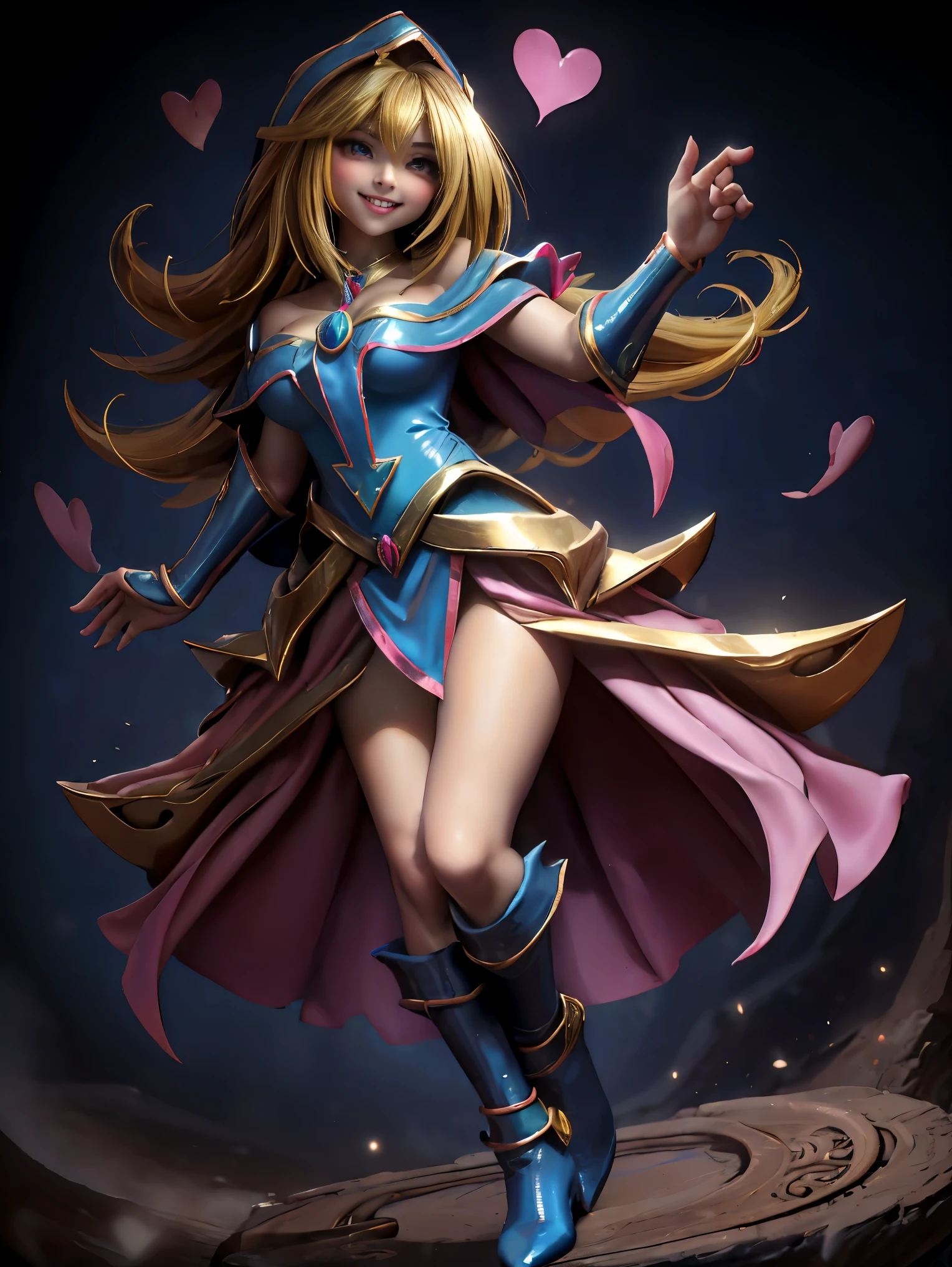 Dark magician gils en el aire, ella esta parada saltando, Magic hearts background. Sonrisa en sus labios. Ojos celestes. Cabello dorado. Pose sensual. Levitando en una pie. Tiene tacones. 1.1 Usa tacones azules y dorados . Usa tacones 