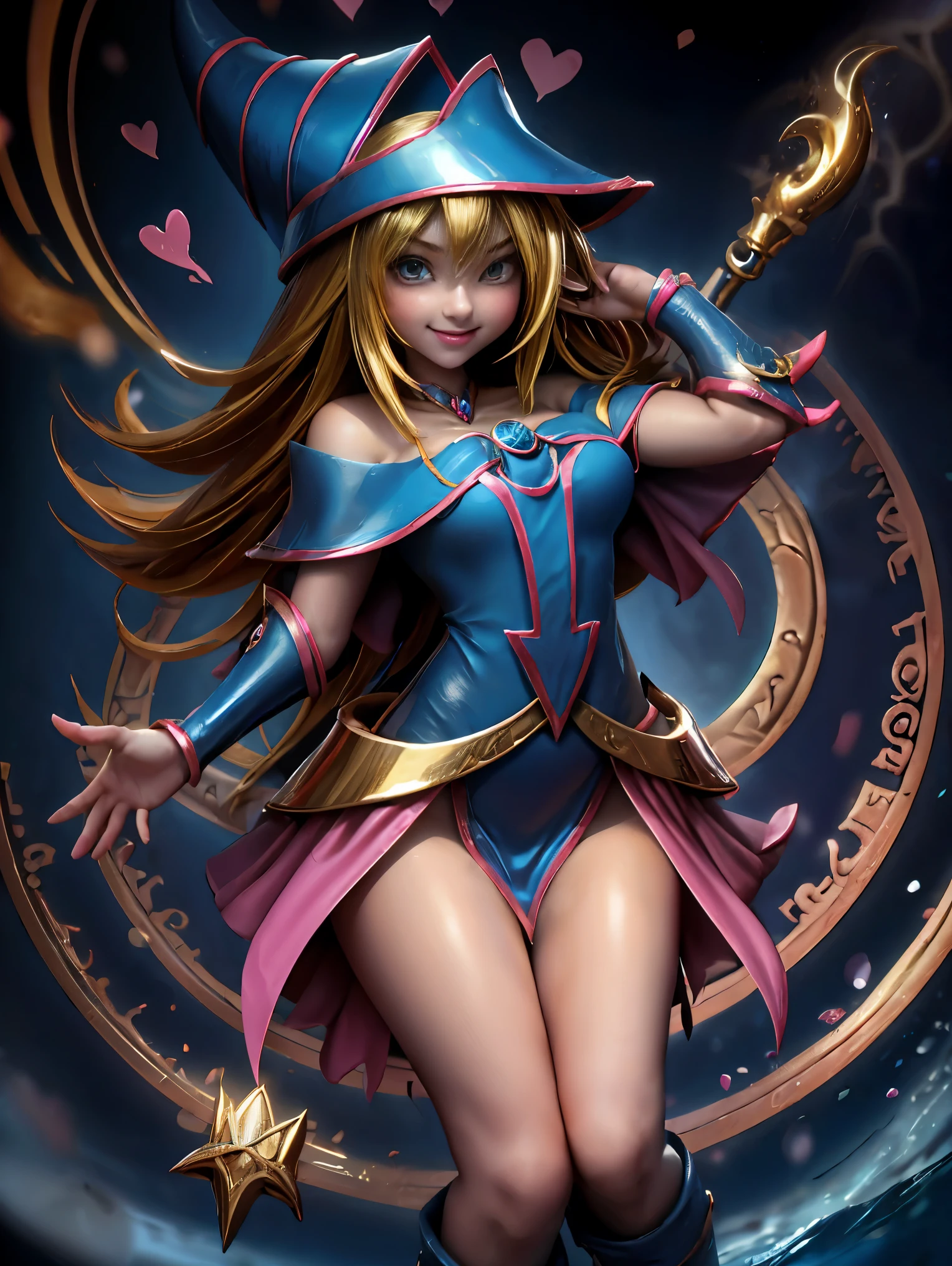 Dark magician gils en el aire, ella esta parada saltando, Magic hearts background. Sonrisa en sus labios. Ojos celestes. Cabello dorado. Pose sensual. Levitando en una pie. Tiene tacones. 1.1 Usa tacones azules y dorados . Usa tacones 