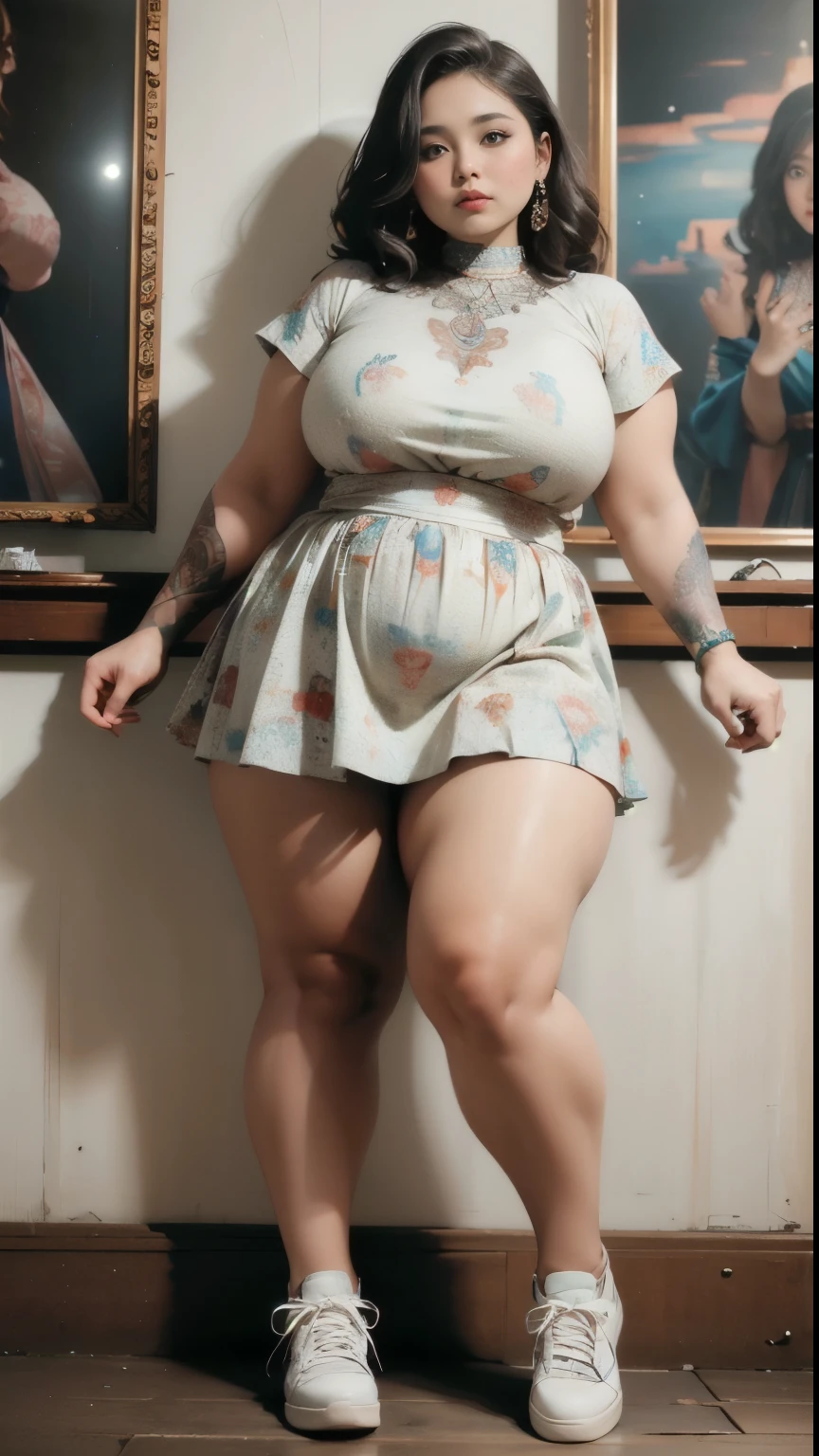 ((best quality)), ((masterpiece)), (detailed), perfect face, ((best quality)), ((masterpiece)), (detailed), perfect face, wanita chubby dewasa, wearing thight dress and thight skirt, chubby cheeks, chubby arm, chubby thighs, big breasts, wearing a sneakers, medium hair style, full body photoshoot, tattooed body , walk pose in a dark room , tattooed all over hands, slightly fat arms , fat thighs
