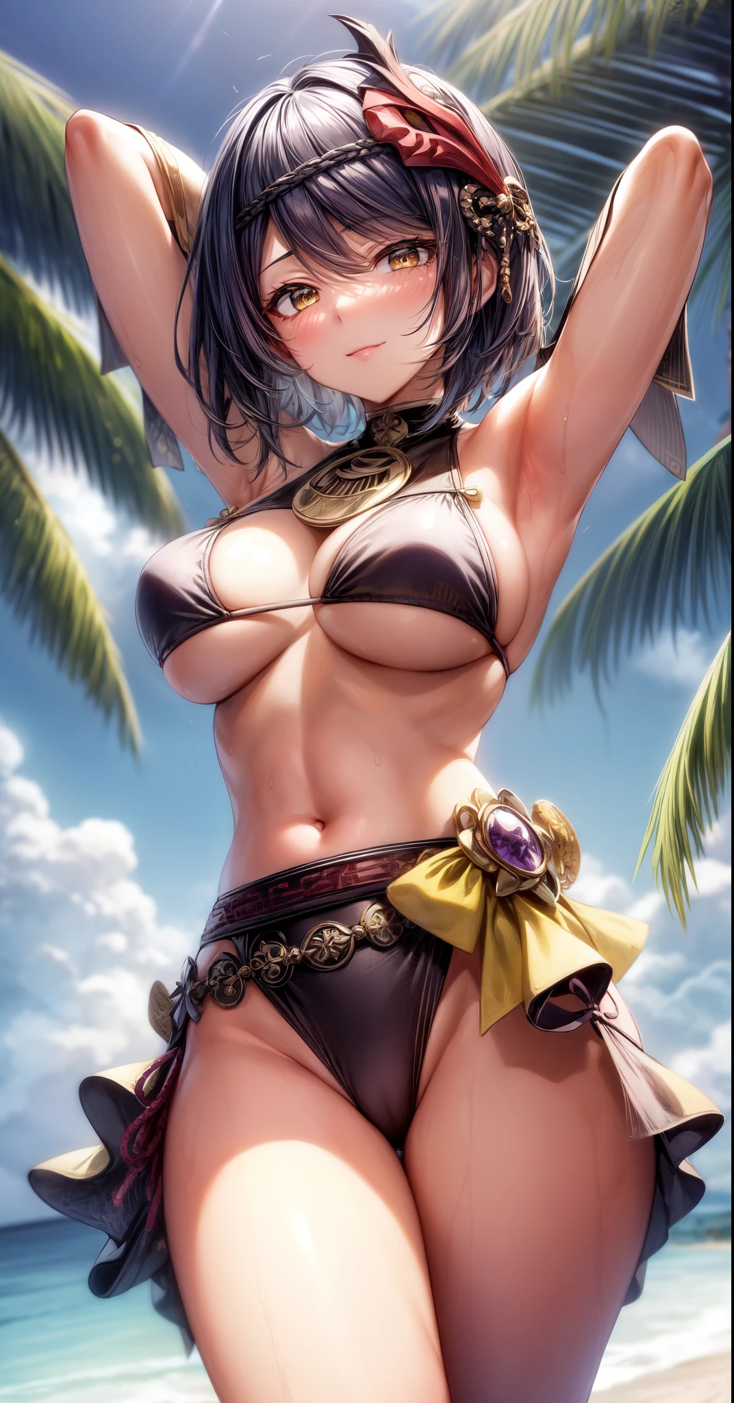 anime, beautiful face, highly detailed face, 2 accurate legs, yellow detailed eyes, highly detailed beach background, perfect lighting, best body lighting, 1girl, solo, kujou sara, genshin impact, outdoors, (beautiful short hair:1.2), absurdres, high res, ultrasharp, 8K, masterpiece, naked legs, looking at viewer, teasing smile, blushing, BREAK (detailed sexy beach bikini:1.4), all intricate lace, standing up, (elegant pose:1.1), (hands behind head:1.3), close up