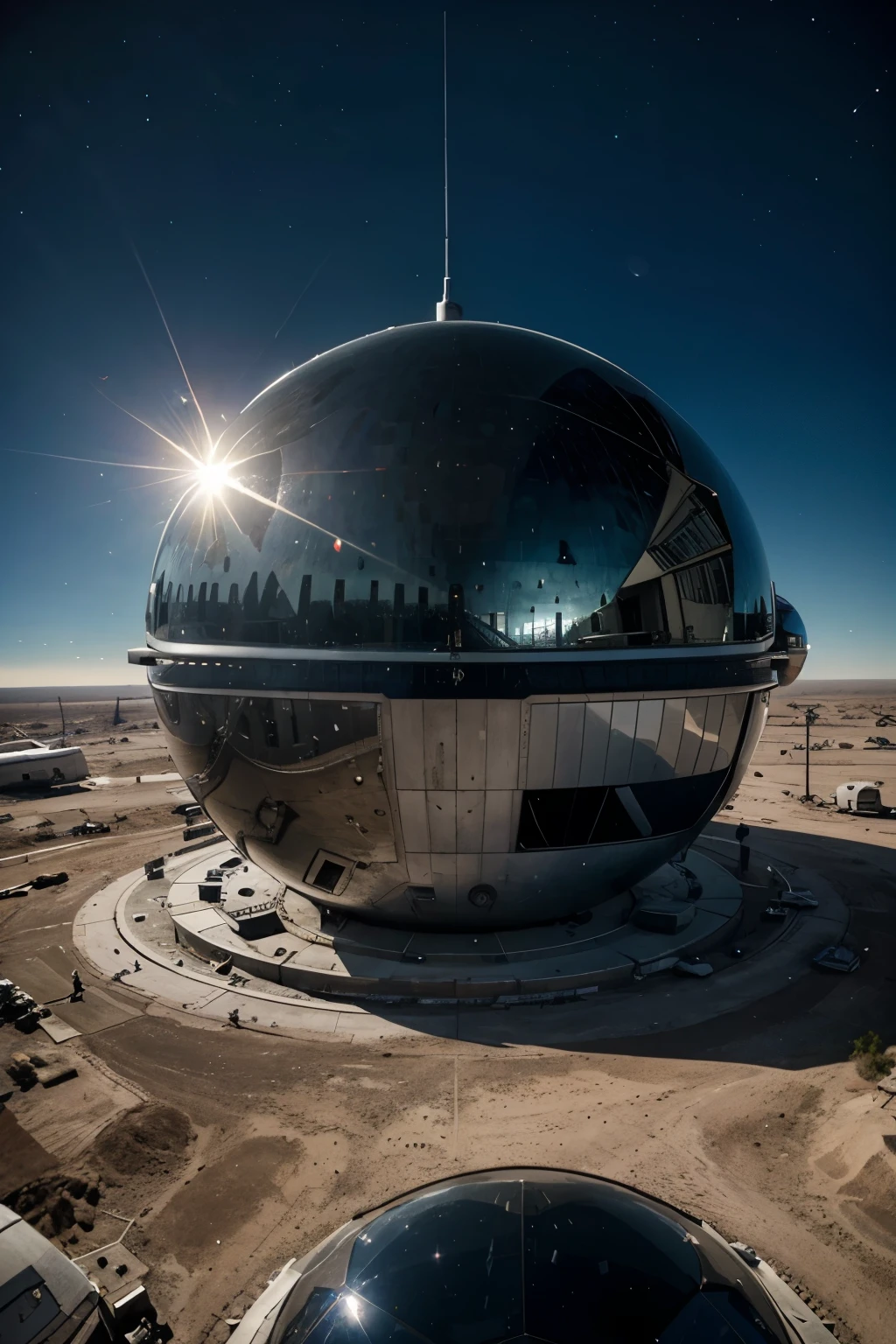 a spaceship in the form of a perfect mirror ball hangs above the landing pad of the cosmodrome, spaceships all around, the mirror sphere has no doors or portholes