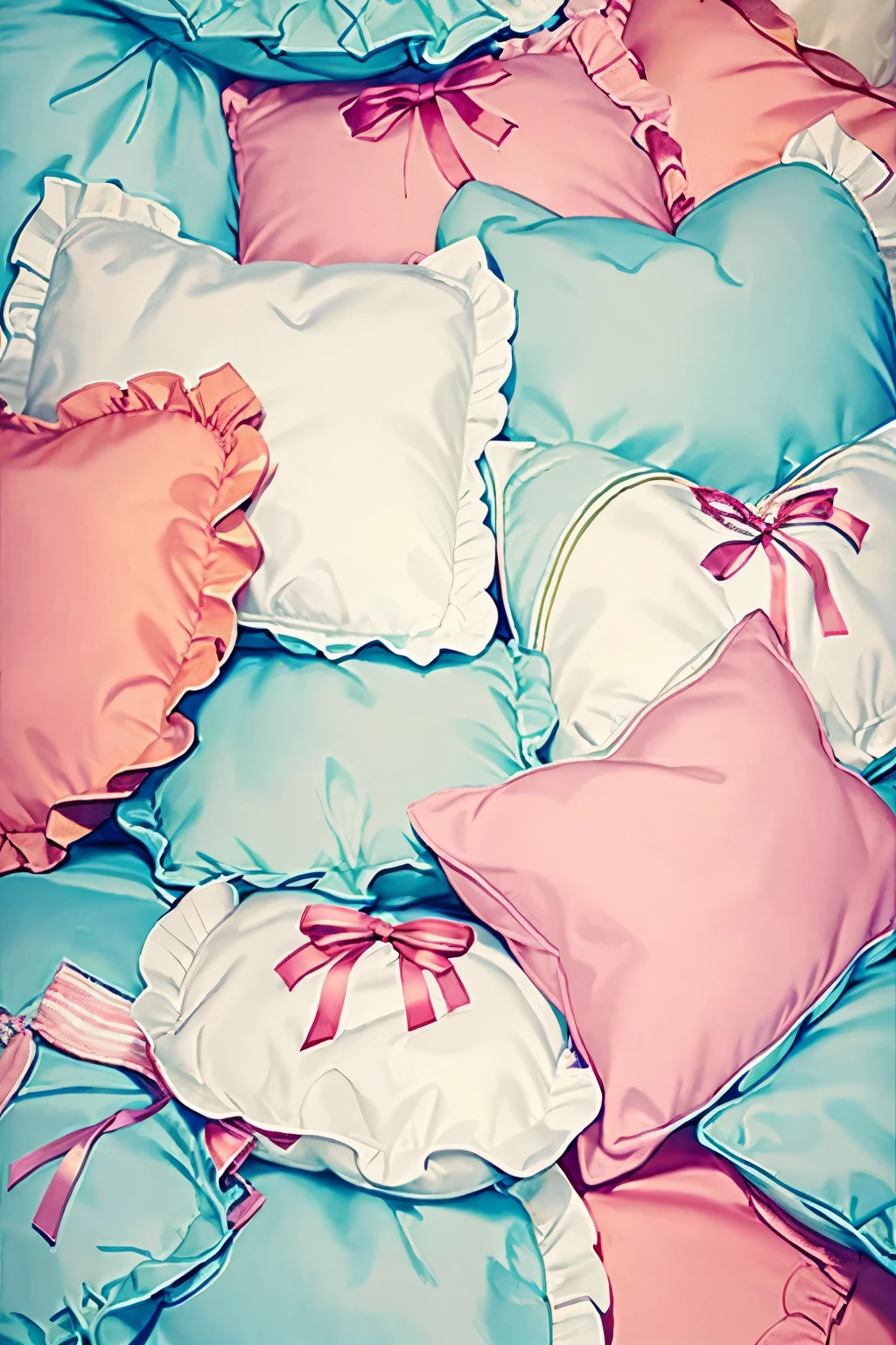 ,highest quality, masterpiece, highest resolution, artwork, super それにget used to it, many get used to it, get used to it, それにget used to it, 3K anime illustration,romantic atmosphere,detailed soft pillow,lots of pillows piled up,pillow with lots of frills,