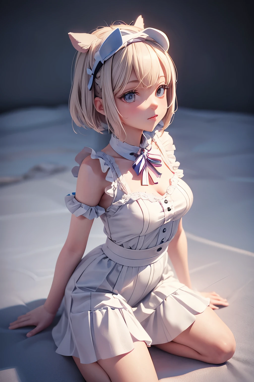 masterpiece, Highest quality, Very detailed, High resolution, An expensive solution, High resolution, 4K, 8K, ユニティ 8K 壁紙, Very detailed CG, masterpiece, Realistic, 2D, 3d, Beautiful details, depth, Fine texture, Highest quality: 1.3, Fully focused, Crispy.skin, .he, Very cute anime girl about 3 years old, Expensive silver short hair, Girl about 3 years old, alone, pretty blue dress, blush, Mole, Release your lips, hair ornaments, heart, Purple eyes、Condom in mouth、A defiant smile、Lifting up your skirt in a dimly lit alley、クーラーの室外機の上にsit、Crotch close-up、Angle from below、I can see your underwear、Translucent slip、Spread your legs、Looking down from above、front、sit、Cotton panties