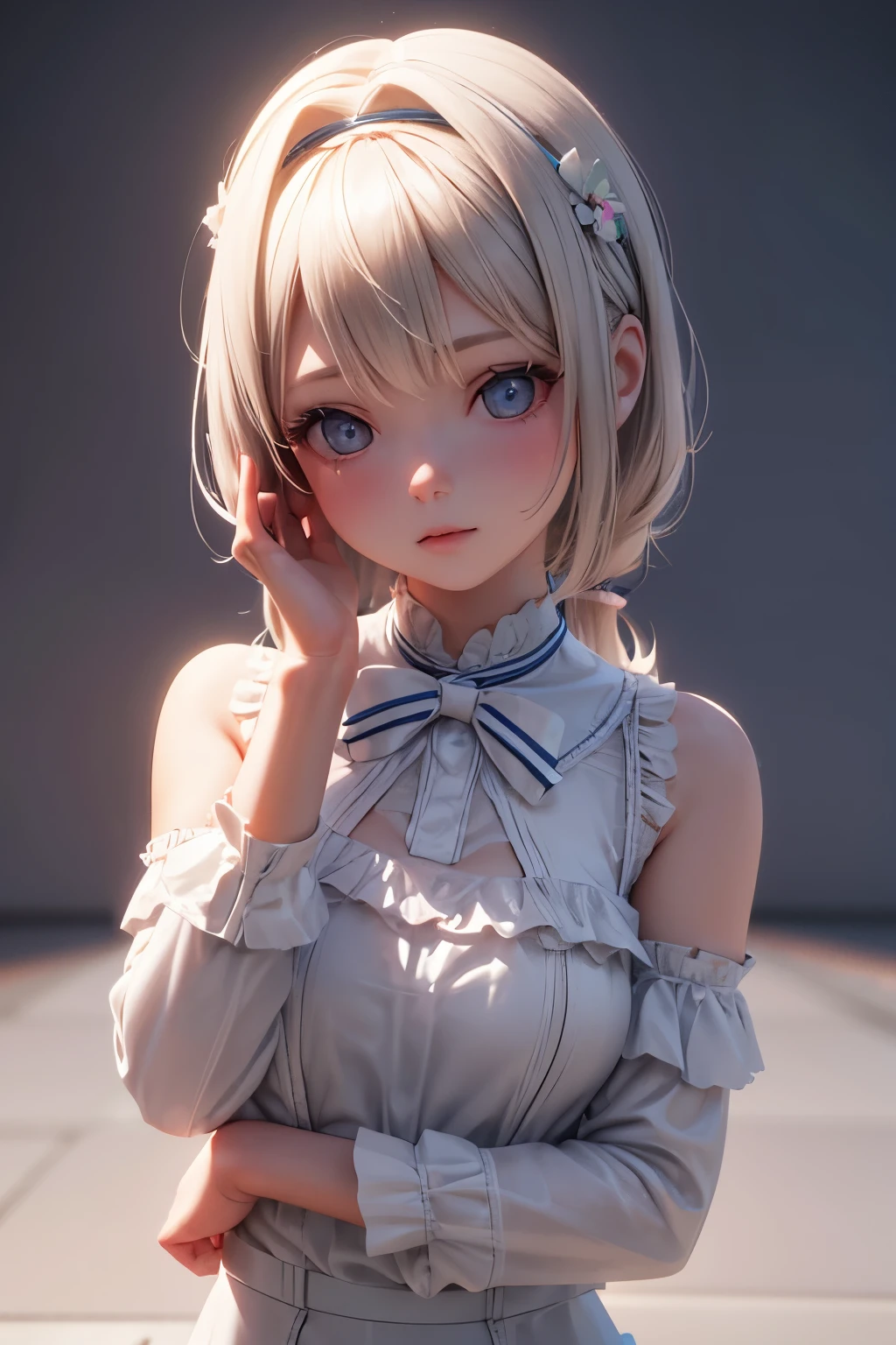 Delicate 3D PVC model of cute young girl, looking at viewer, soft smooth lighting, with soft pastel colors, 3d icon clay render, 120mm lens, 3d blender render, trending on polycount, modular constructivism