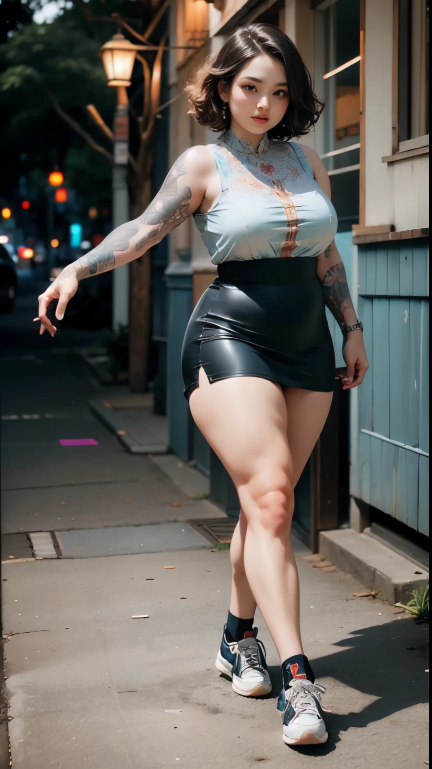 ((best quality)), ((masterpiece)), (detailed), perfect face, ((best quality)), ((masterpiece)), (detailed), perfect face, wanita chubby dewasa, wearing thight dress and thight skirt, chubby cheeks, chubby arm, chubby thighs, big breasts, wearing a sneakers, medium hair style, full body photoshoot, tattooed body , walk pose in a dark room , tattooed all over hands, slightly fat arms , fat thighs