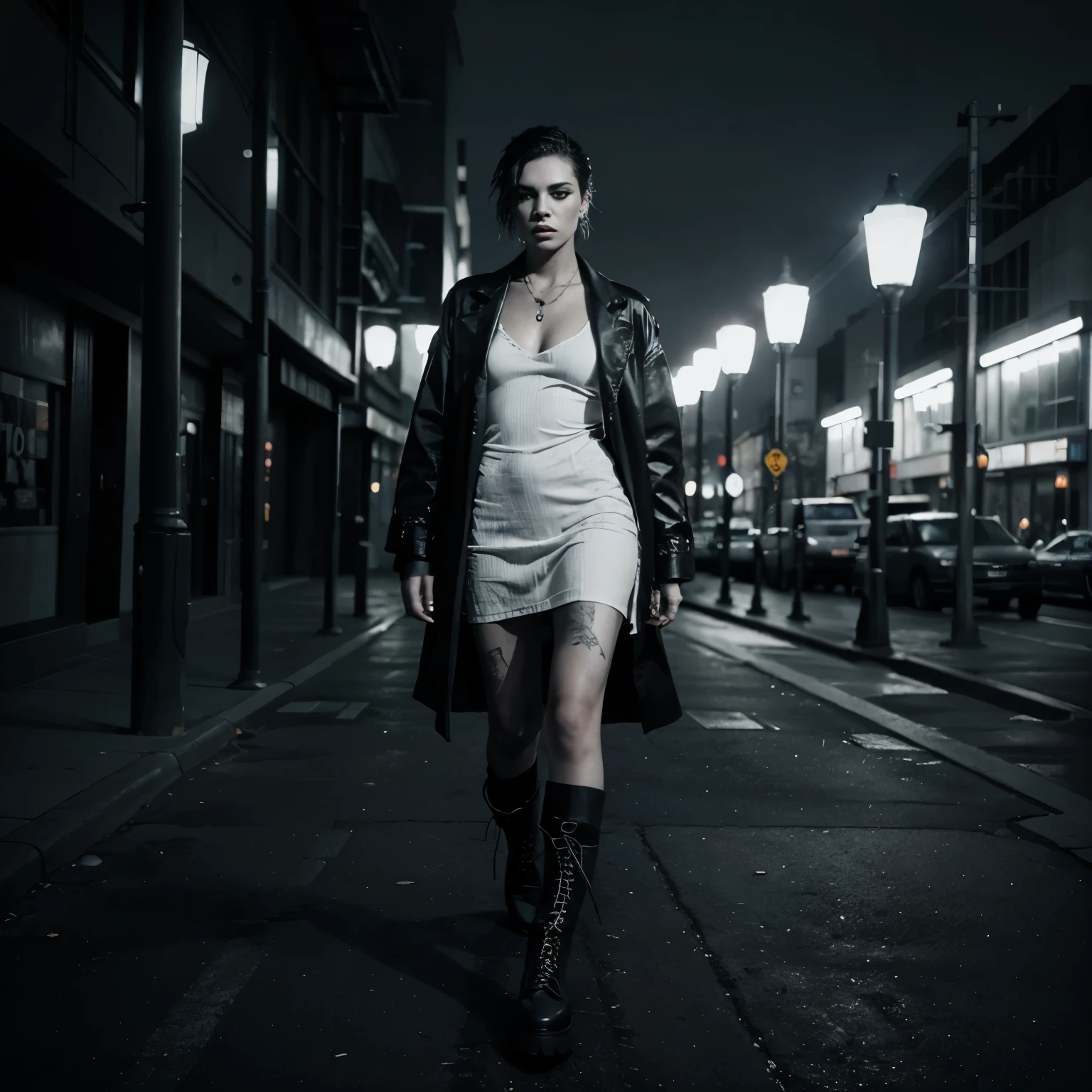 (Modern Gender-Fluid:1.1),Model with androgynous features,oversized blazer styled as a dress and combat boots,gender-bending jewelry,powerful makeup with a touch of grunge,gloomy atmosphere,urban setting,(creative,abstract) lighting,gritty textures,confident pose,high contrast details,vibrant colors.(best quality,4k,highres),ultra-detailed,(portrait,concept artists),(cool tone,monochrome,desaturated) color palette,soft shadows.