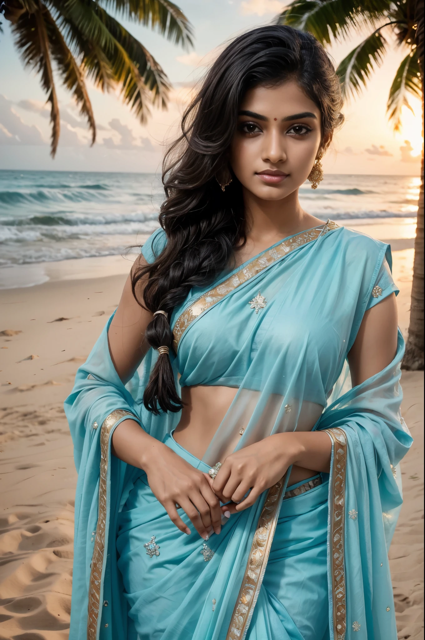 Very beautiful Indian Woman, portrait, 20 year old, age, blouse and saree, dusk and sunset, tropical ocean beach sand, coconut trees, open breast, royal, detailed body, detailed face, traditional, gorgeous, ultra realistic, charming, cute, long braided hair, perfect fingers, ambient lighting, winter, detailed background, volumetric lighting, shadow, 8k