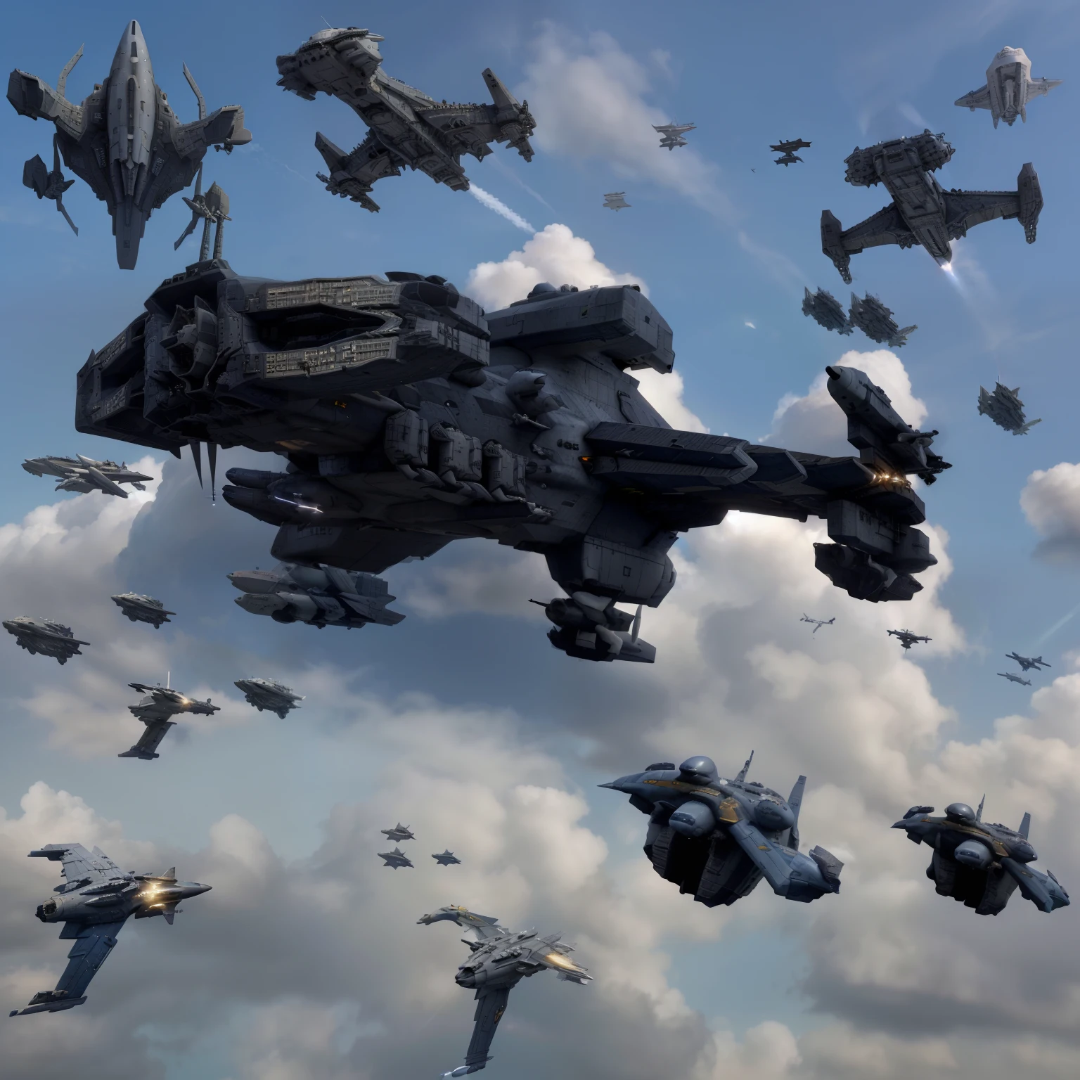 a close up of a fleet of warships and fighters flying in the sky, spaceships flying in background, (Photo realistic starcraft ships in a sky), hyper realistic, spaceships flying above, flying spaceships in background, spaceships flying around, spaceships in the cloudy sky, flying ships in the background, spaceships flying, spaceships in sky, with spaceships in the sky, spaceships in the sky