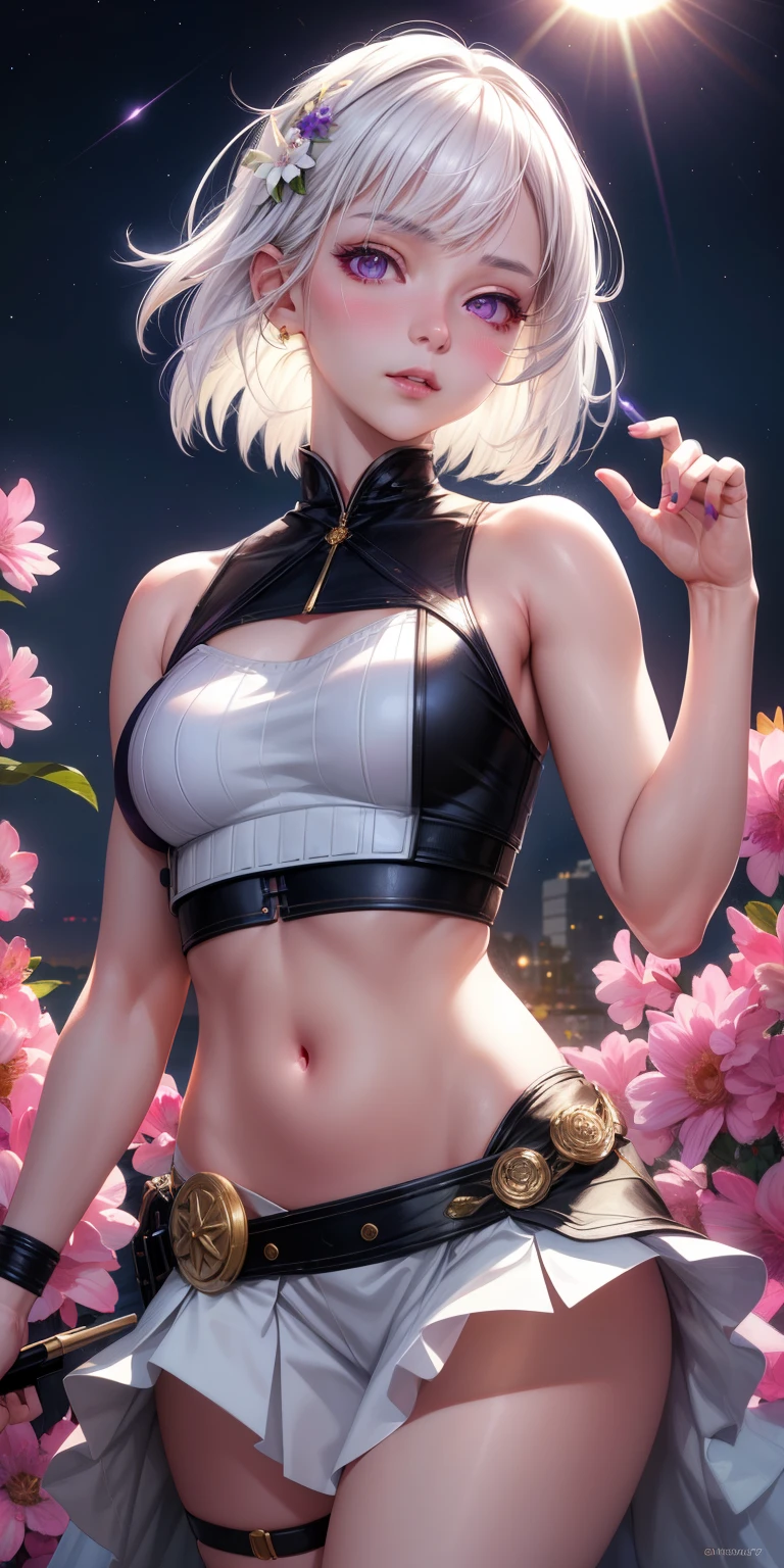realistic, 1girl, white hair, purple eyes, glowing eyes, crop top, skirt, parted lips, blush, night, flowers, sun, sunlight,