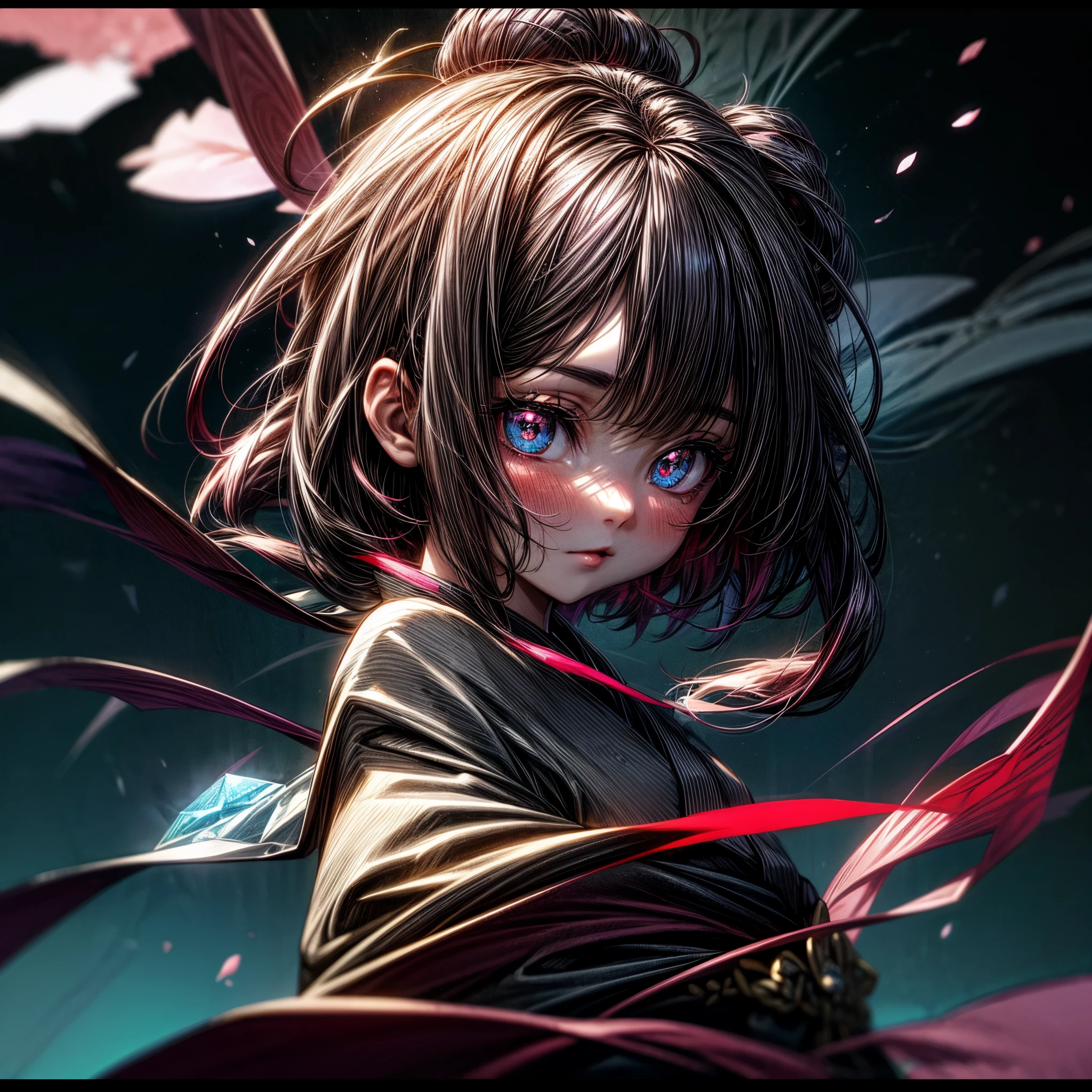 Bi-colored eye girl with beautiful quantum-shaped pupils, next to the galaxy sky, wearing a kimono outfit with black and red cherry blossom patterns and a flaming hair brooch holding a crystal book