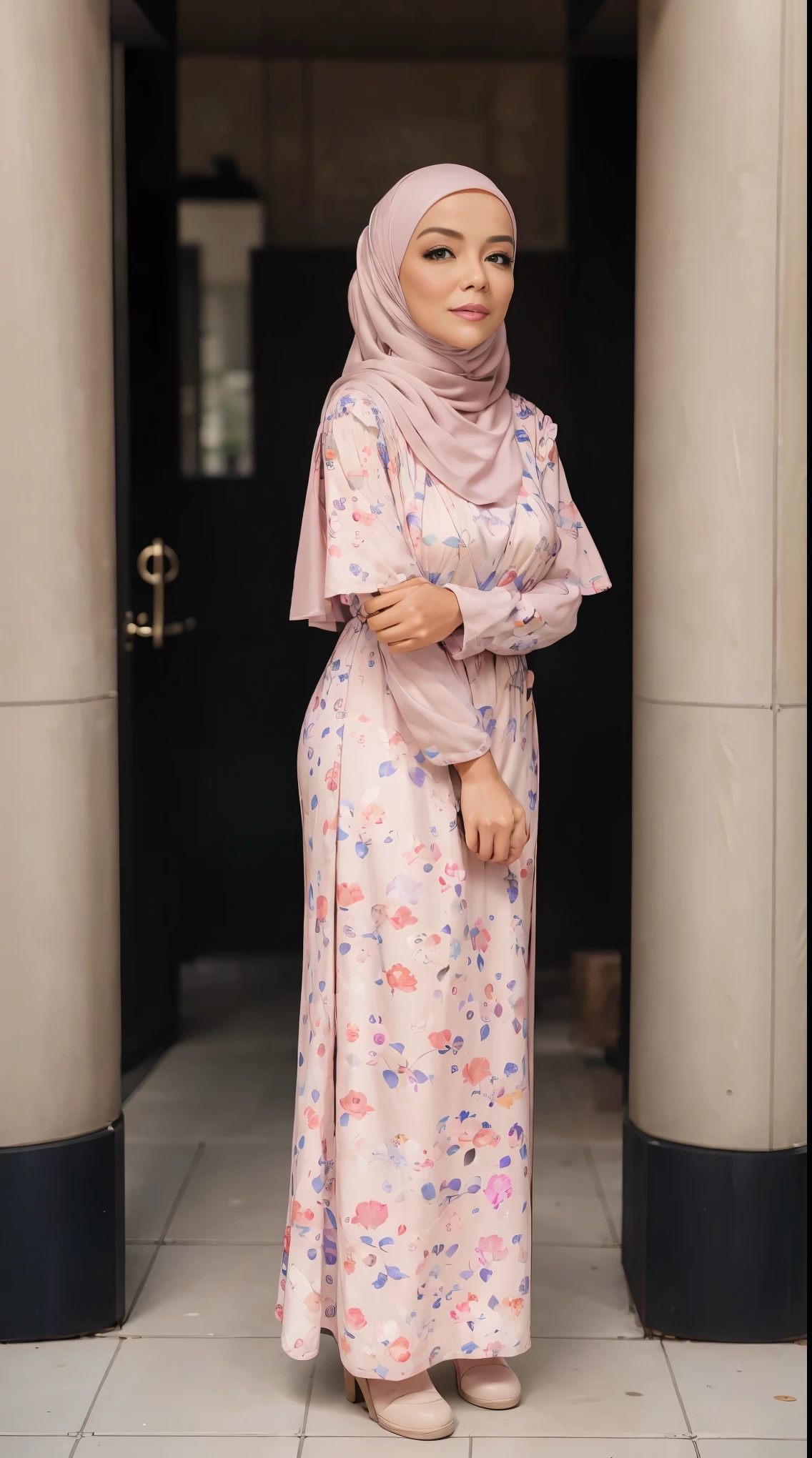 A woman with hijab, highest quality, masterpiece, nice considerate mature woman, covering her body with goddes dress, pitiful expression, delicate collarbone, pink lips, double eyelids, full-body photos, textured skin, supple skin, super high image quality,