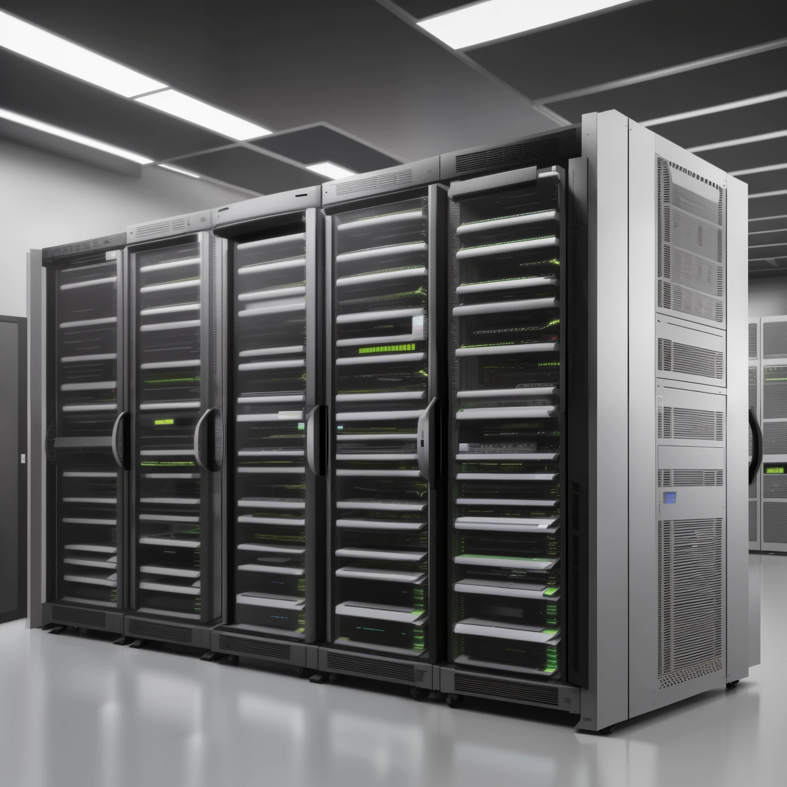 a close up of a servidor in a large room with a lot of racks, em data center realista, background is data servidor room, data center, datacentre, servidors, data center extremamente detalhado, em data center detalhado, supercomputador, cloud servidor, em data center, pacing in servidor room, servidor in the middle, standing in a servidor room, servidor, front view