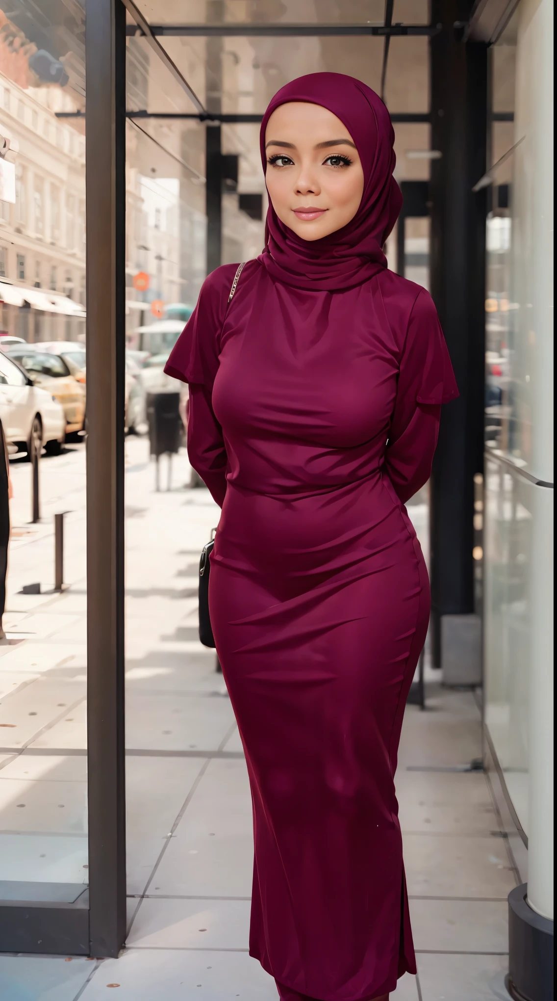 A woman with hijab, highest quality, masterpiece, nice considerate mature woman, covering her body with goddes dress, pitiful expression, delicate collarbone, pink lips, double eyelids, full-body photos, textured skin, supple skin, super high image quality,